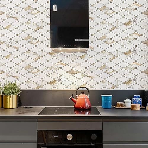 Miniatura 3 de STICKGOO Calacatta Golden Stick - 10 hojas para despegar y pegar, azulejos compuestos de aluminio, autoadhesivos de metal mixto para cocina, baño,