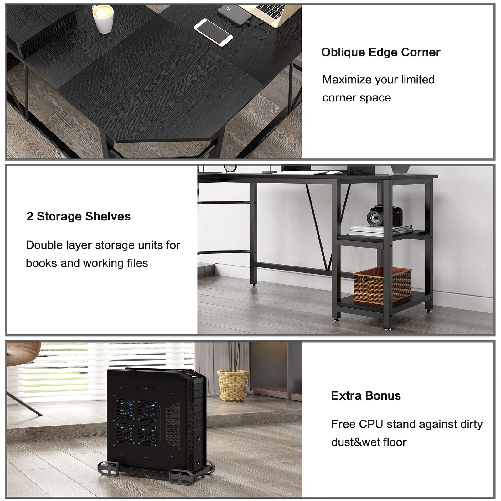 TREETALK Computer desk, Lshaped Corner Desk with 2Layer Storage,Large