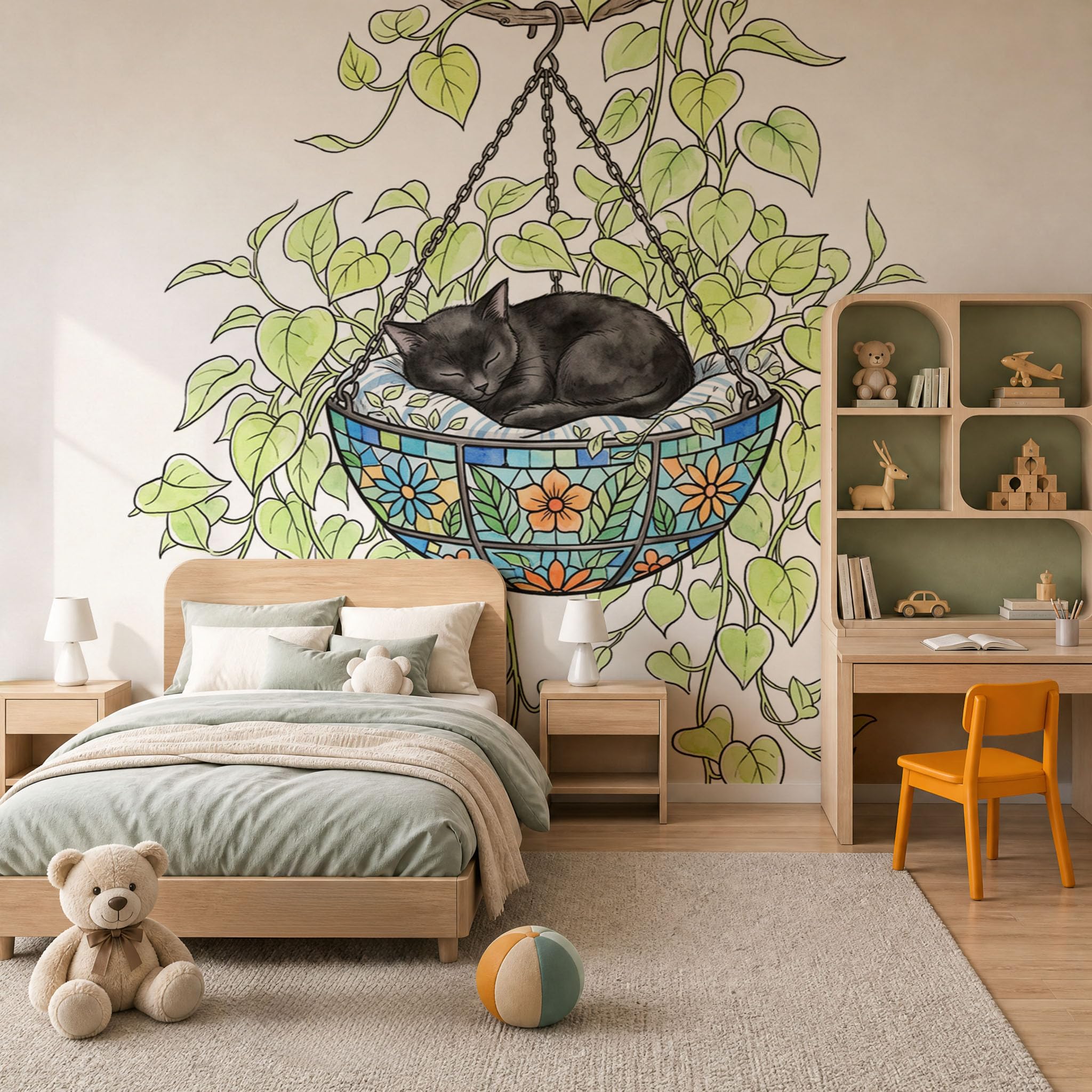 Papier Peint Panoramique Intissé Animaux Bohèmes À L'Aquarelle 250X175Cm | Papier Peint Photo Chat Panier Suspendu En Vigne, Fresque Murale Blanc, Affiche Géante Pour Salon Chambre Décoration Murale
