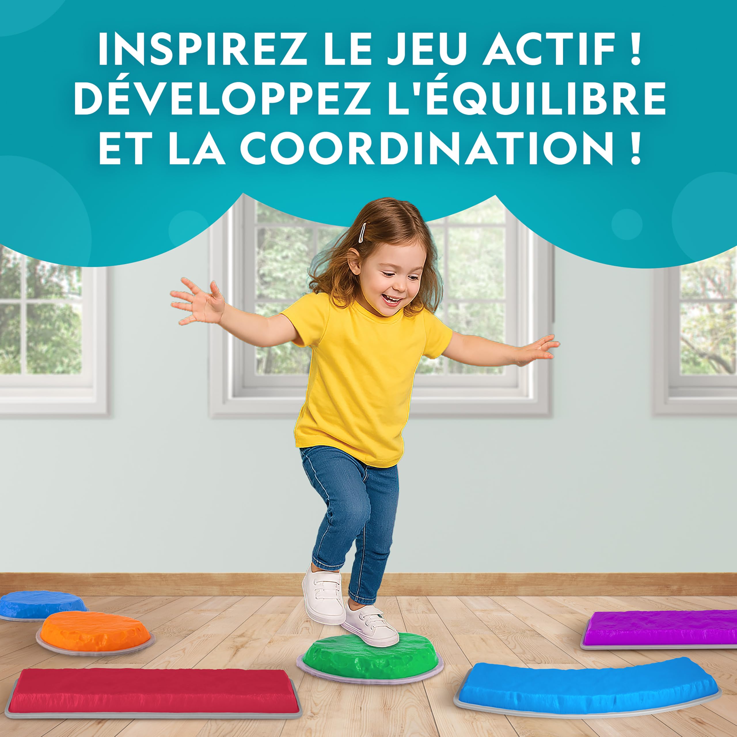 National Geographic Kids Blue Marble Pierres D’Équilibre et Barres D’Équilibre – Set de Parcours d’Obstacles 12 pièces pour Enfants 3+ avec dé en Mousse, Cartes Play & Learn