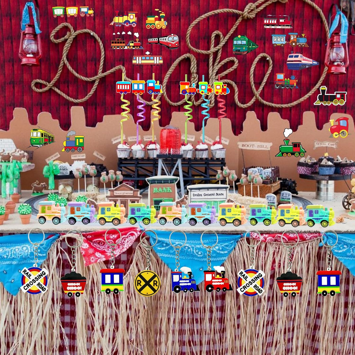 Train Party Favors 122PCS Slap Bracelets DIY Stickers Drinking Straw Keychains Pull-back Vehicle for People Car Theme Birthday Party Car Theme Birthday Party - Image 5