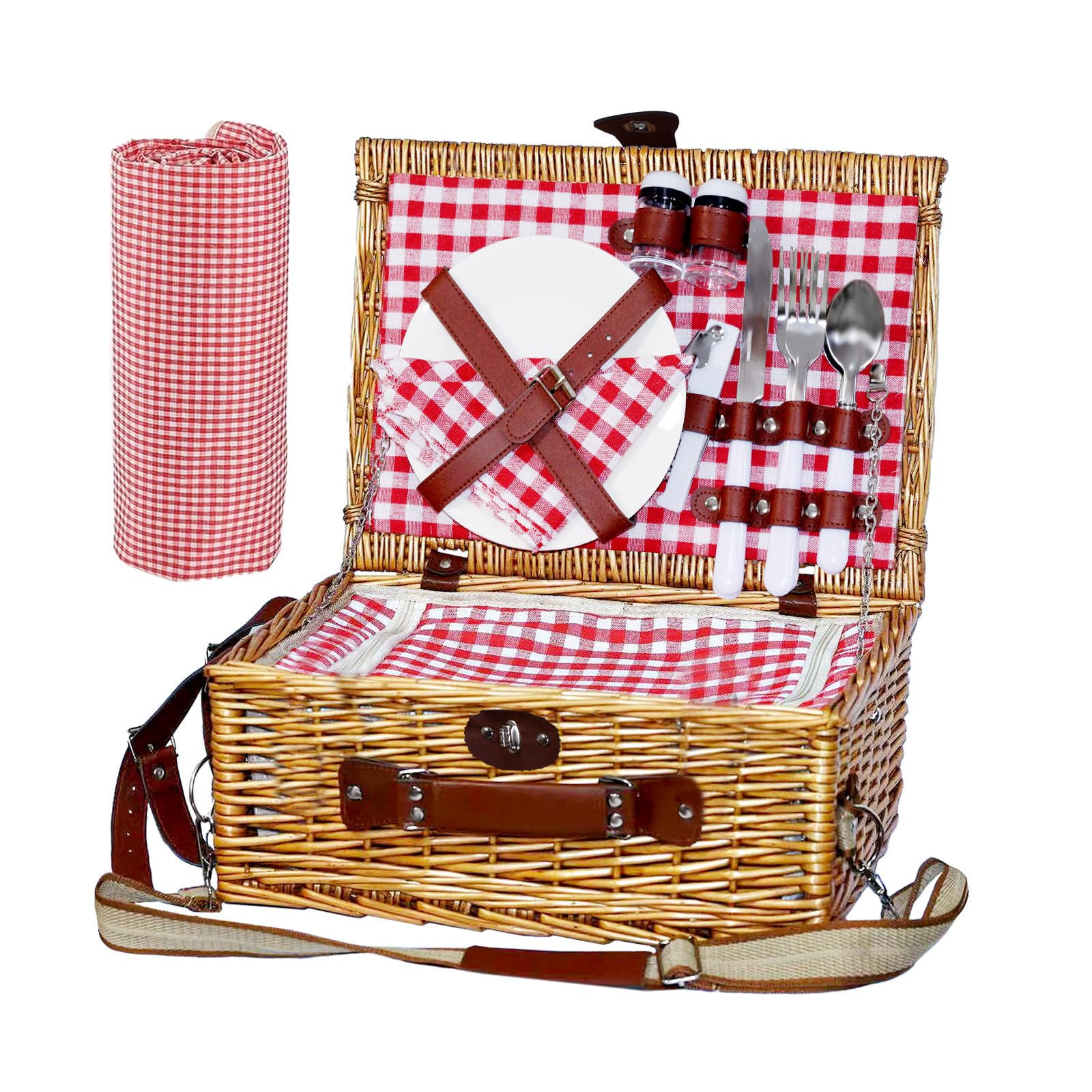 TOSTOOIRX Willow Picnic Basket Set for 2 with Large Insulated Bag and Waterproof Picnic Blanket，Utensils, Glasses, Wicker Picnic Hamper for Camping,