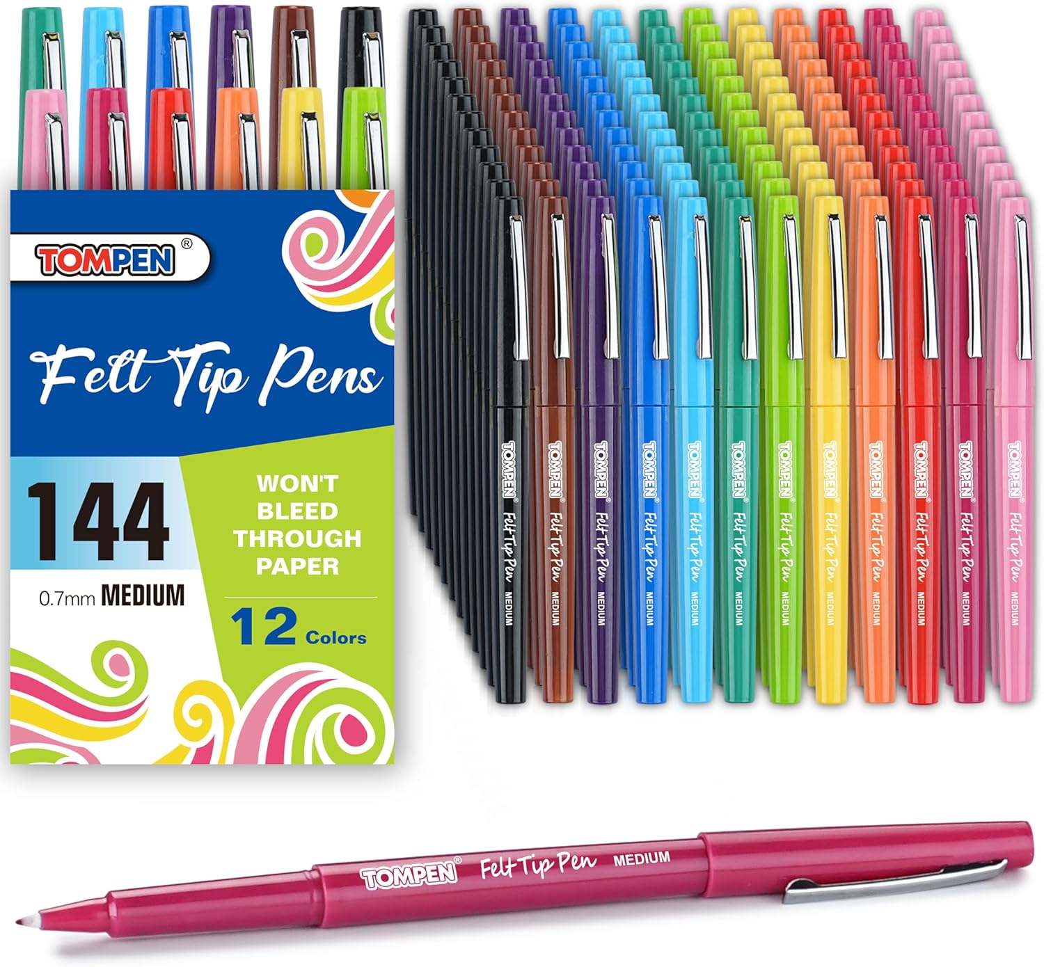 Felt Tip Pens Bulk 144 Pack,12 Count Assorted Color,Medium Fine Point 0.7mm Multicolor Markers for Gifts Writing,Planner,Drawing,Note Taking,Art,Journals