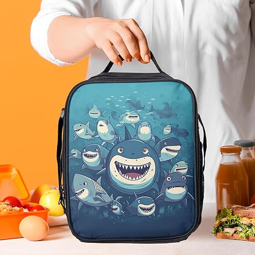 Miniatura 7 de Lonchera térmica con diseño de tiburones con diseño de tiburones para niños, correa ajustable para el hombro, reutilizable, para escuela, trabajo,