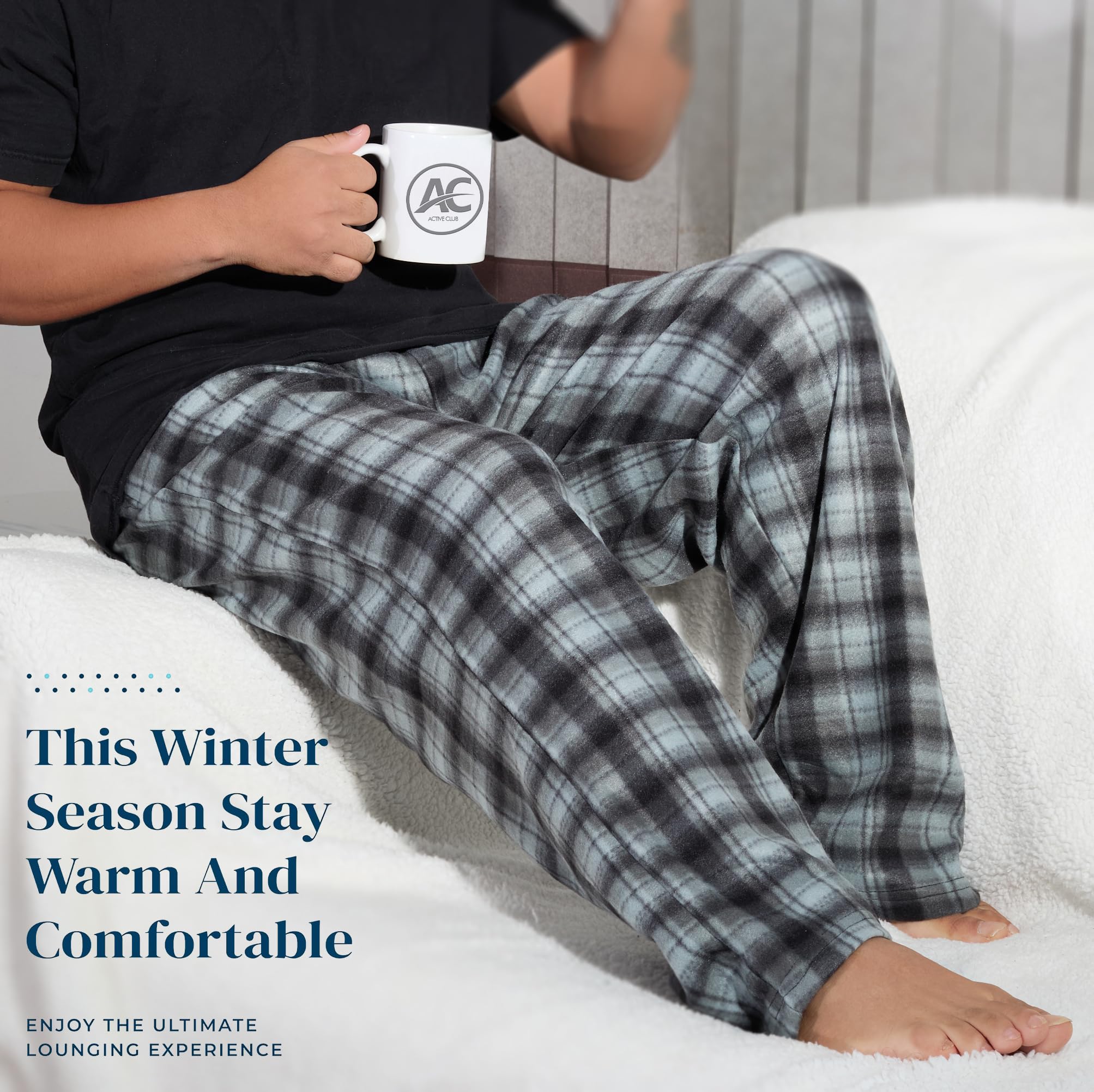 Active Club Men's Sleep Pajama Pants - Fleece Lounge Bottoms (Grey & Black Plaid, Medium)