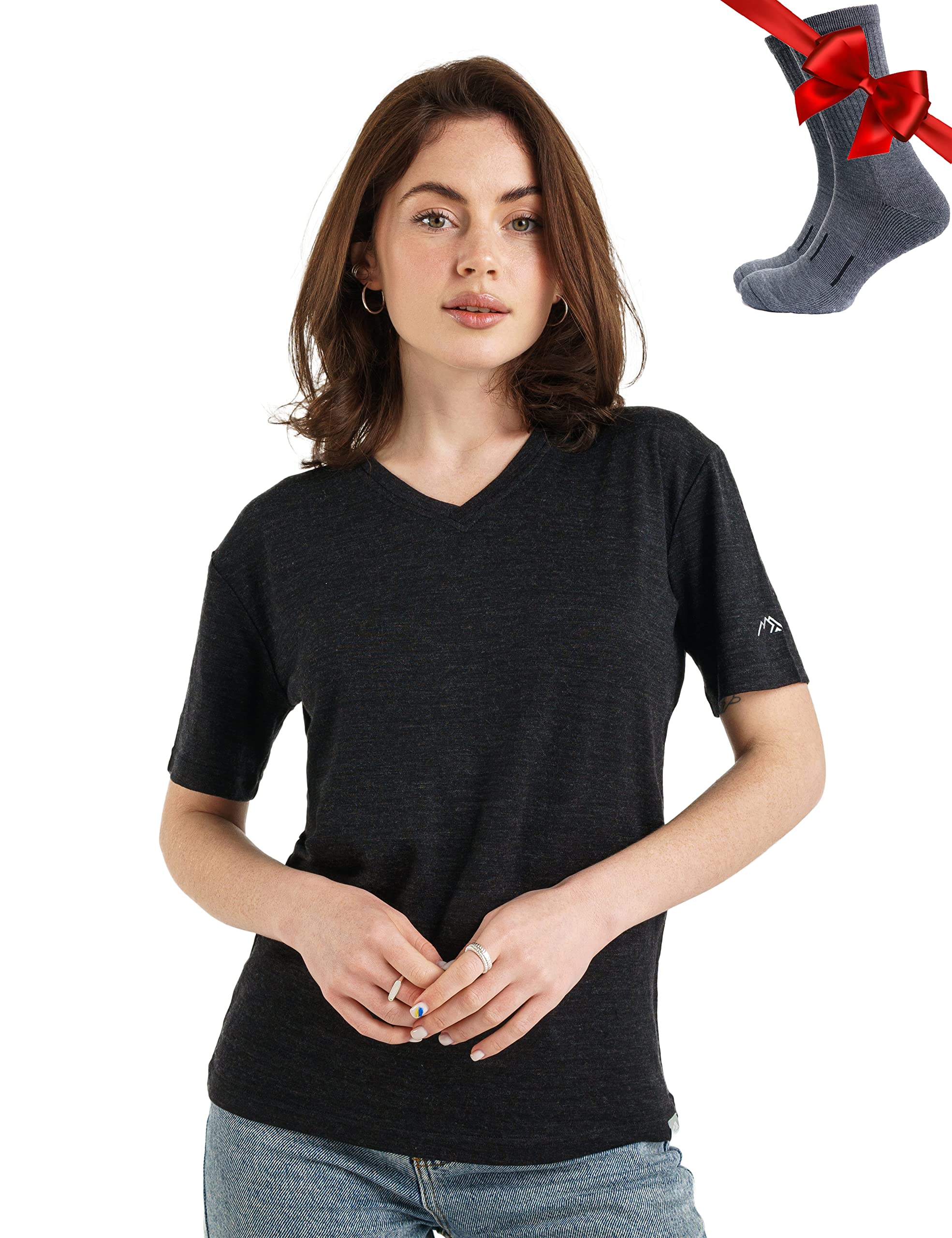 Merino.tech T-Shirt en mérinos pour Femme + Chaussettes de randonnée gratuites – Léger, Respirant и Anti-Odeur (Large, Heathered Black V-Neck)
