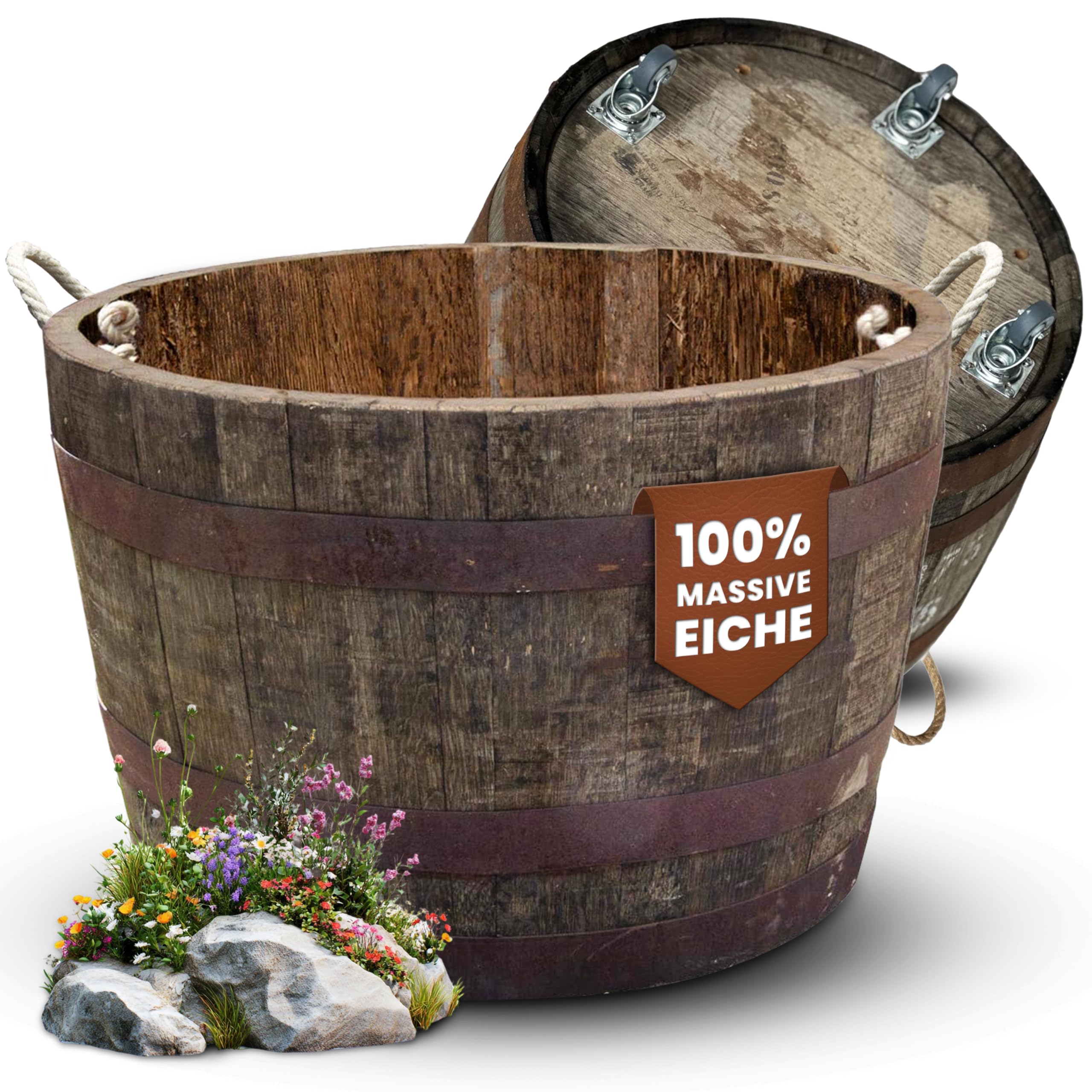 Temesso Halbes Fass aus einem originalen schottischen Whiskyfass (Natur - mit Schlaufen + Rollen + Ablaufbohrungen)