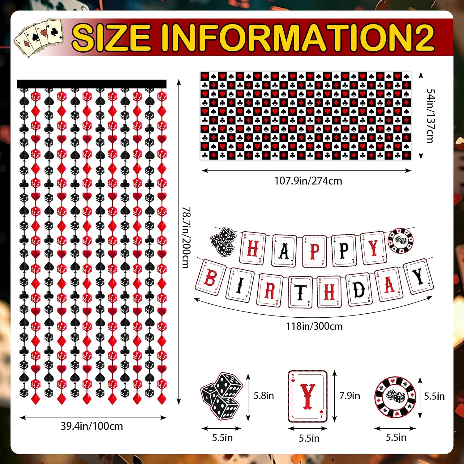 Premium Casino Theme Party Decorations 12 PCS Kit - Las Vegas Poker Theme Birthday Supplies with Foil Fringe Curtains, Card Suit Balloons, Crown, Dice, Banner, Tablecloth for Game Night Decorations - Image 3