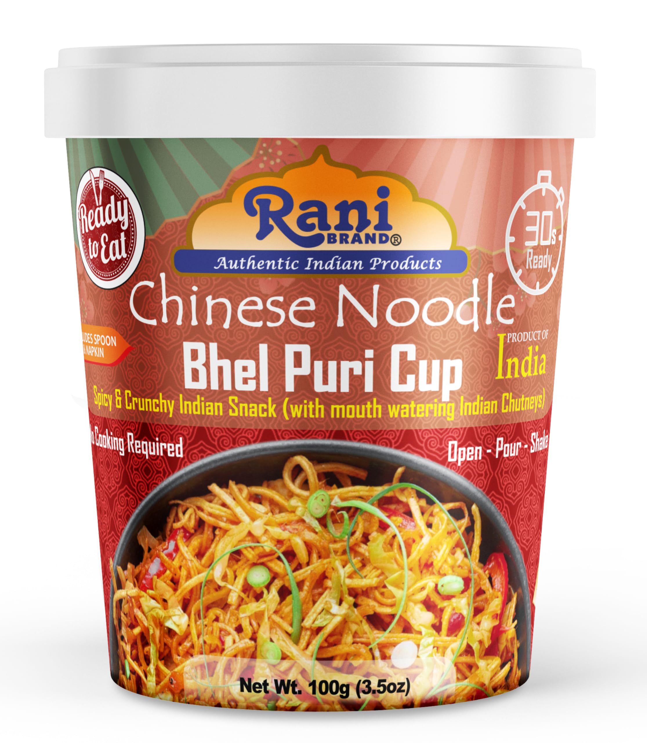 Rani Chinese Noodle Bhel Puri Cup (Spicy & Crunchy Indian Snack w/mouth watering Indian Chutneys) 3.5oz (100g), Pack of 4 ~ Ready to Eat | Vegan | NON-GMO | Indian Origin