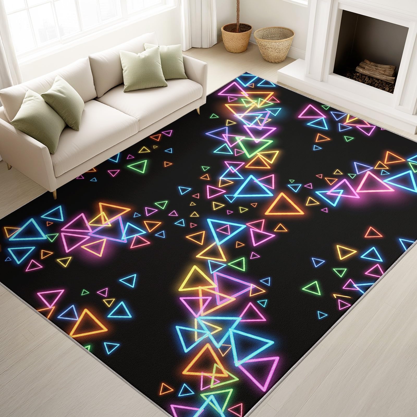 Tapis Gaming Géométrique, Douce Tapis Triangle Néon Saisissant, Décoration Moderne pour Chambre Fußmatte, liable à Poils Ras Facile à Nettoyer Moquette Et Antidérapante (Motif, 140 x 200 cm)