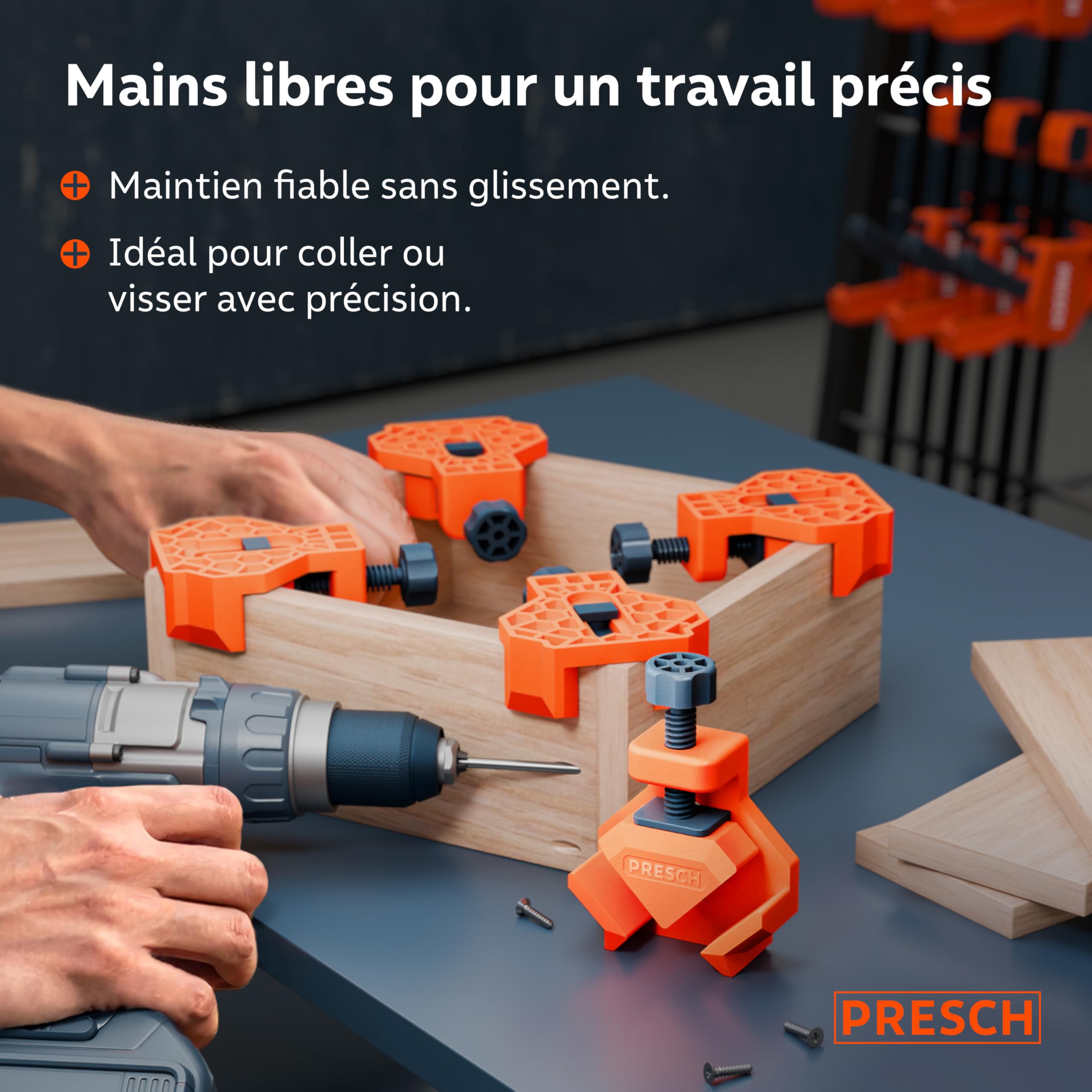 Presch Serre joint angle 4 pcs - Presse d'angle pour épaisseur de panneaux jusqu'à 26 mm - Force de serrage de 25 kg pour le collage - Pince à angle droit en plastique renforcé de fibres de verre