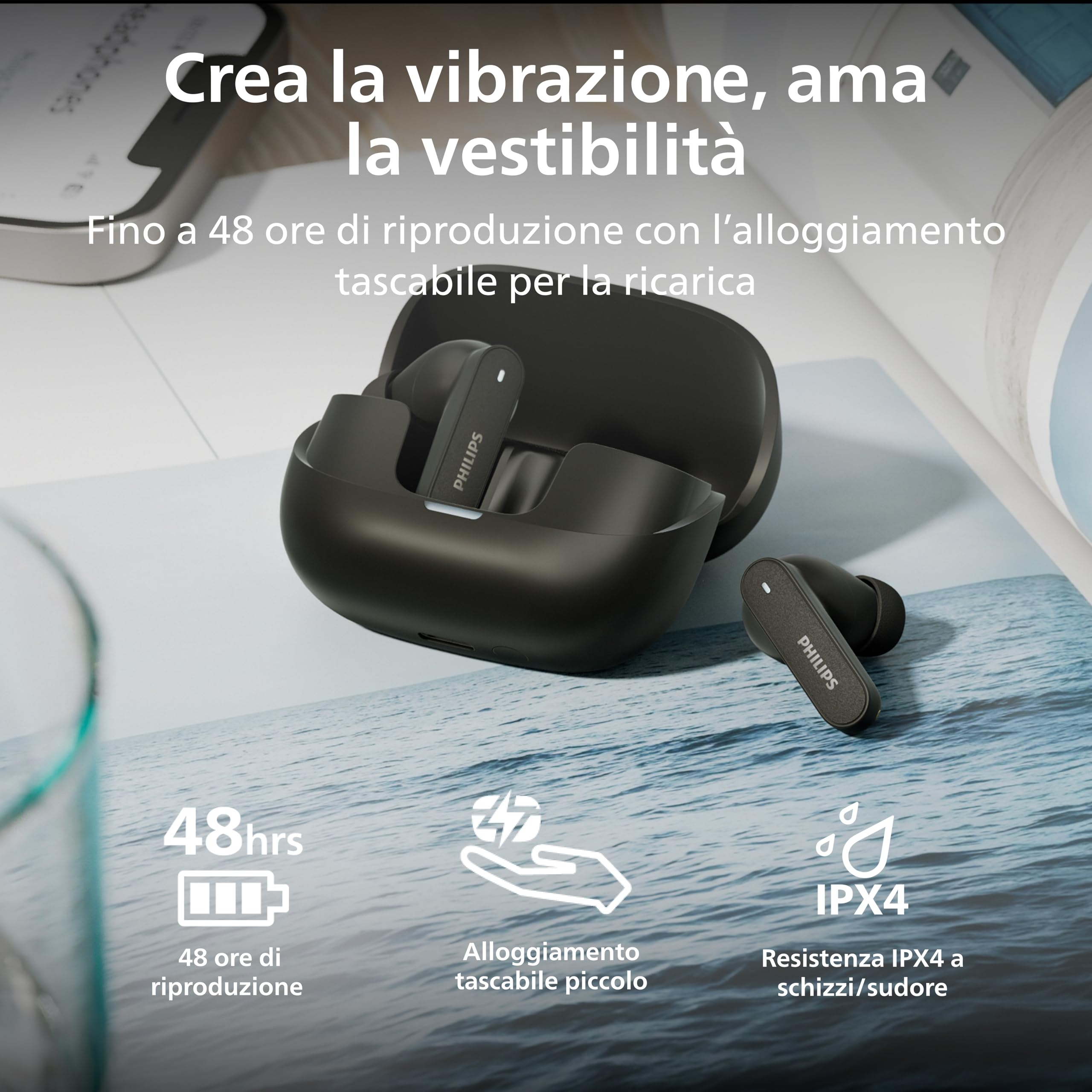 Philips TAT3000BK Auricolari True Wireless, cancellazione del rumore adattiva, 48 ore di riproduzione, gommini SecureFit, 6 mic per chiamate chiare, Bluetooth 6.0, Auracast, IPX4, Compatti, Nero