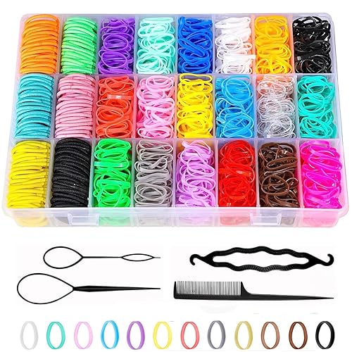 Lazos para el pelo de bebé, 24 colores, 1500 + 120 piezas de nailon para niños pequeños, bandas elásticas para el cabello con caja organizadora,