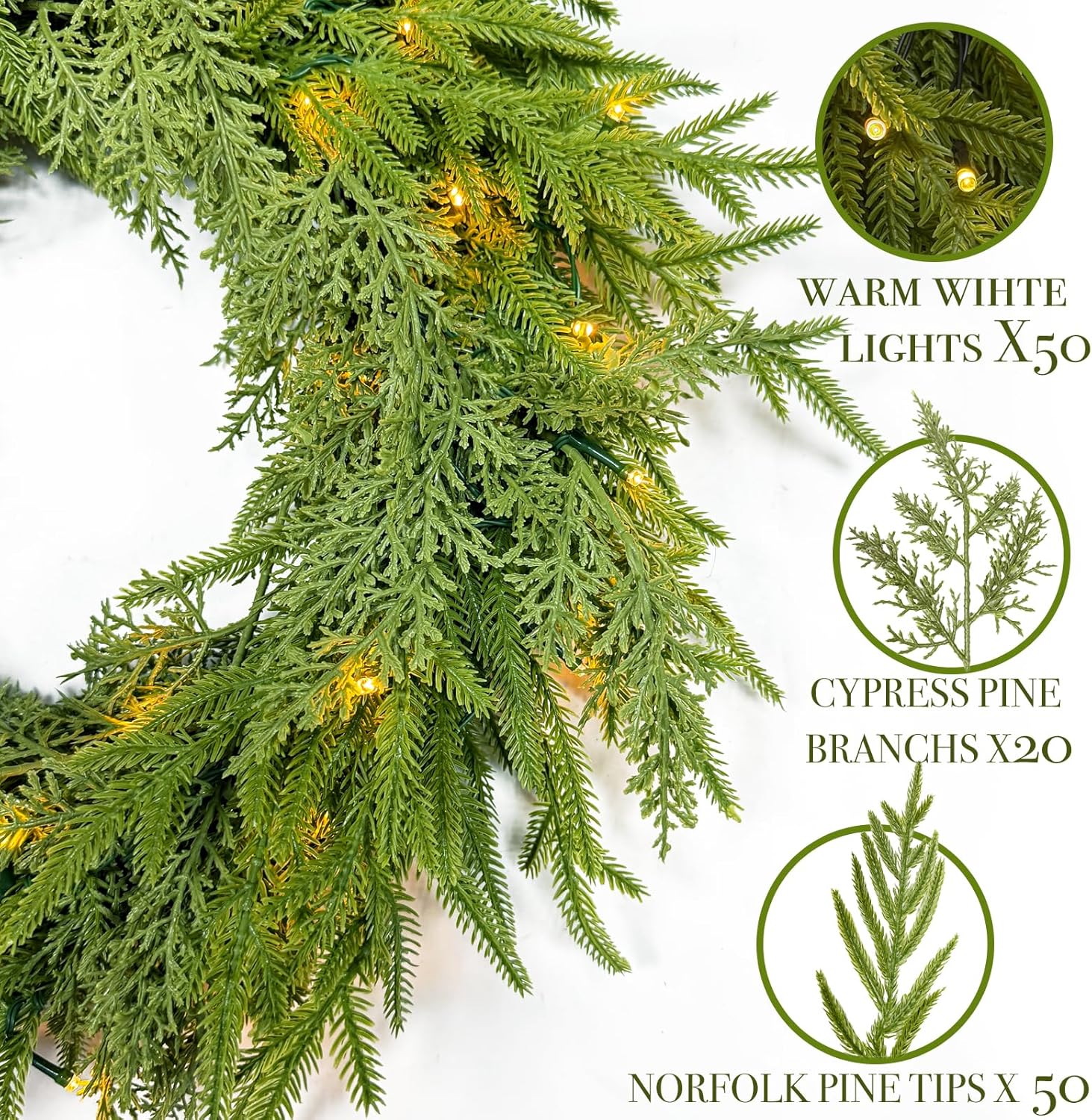 24" Prelit Christmas Wreath for Front Door, Real Touch Norfolk Pine Wreath Thick & Soft Christmas Wreaths with Light, Timer, Norfolk Pine Cypress Leaf Christmas Door Wreath for Home Wall Outdoor Decor - Image 4