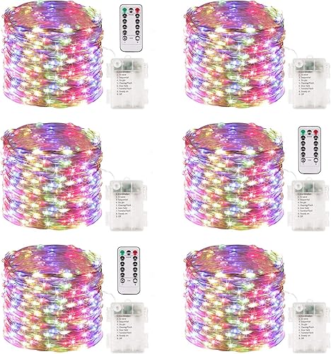 Vista 30 de Paquete de 4 100 luces LED que funcionan con pilas, con control remoto, luces parpadeantes impermeables de 33 pies con temporizador y 8 modos
