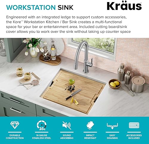 Miniatura 3 de KRAUS Kore KWU111-21 - Fregadero de cocina con estación de trabajo de 21 pulgadas, para empotrar, cuenco doble, de acero inoxidable calibre 16, con