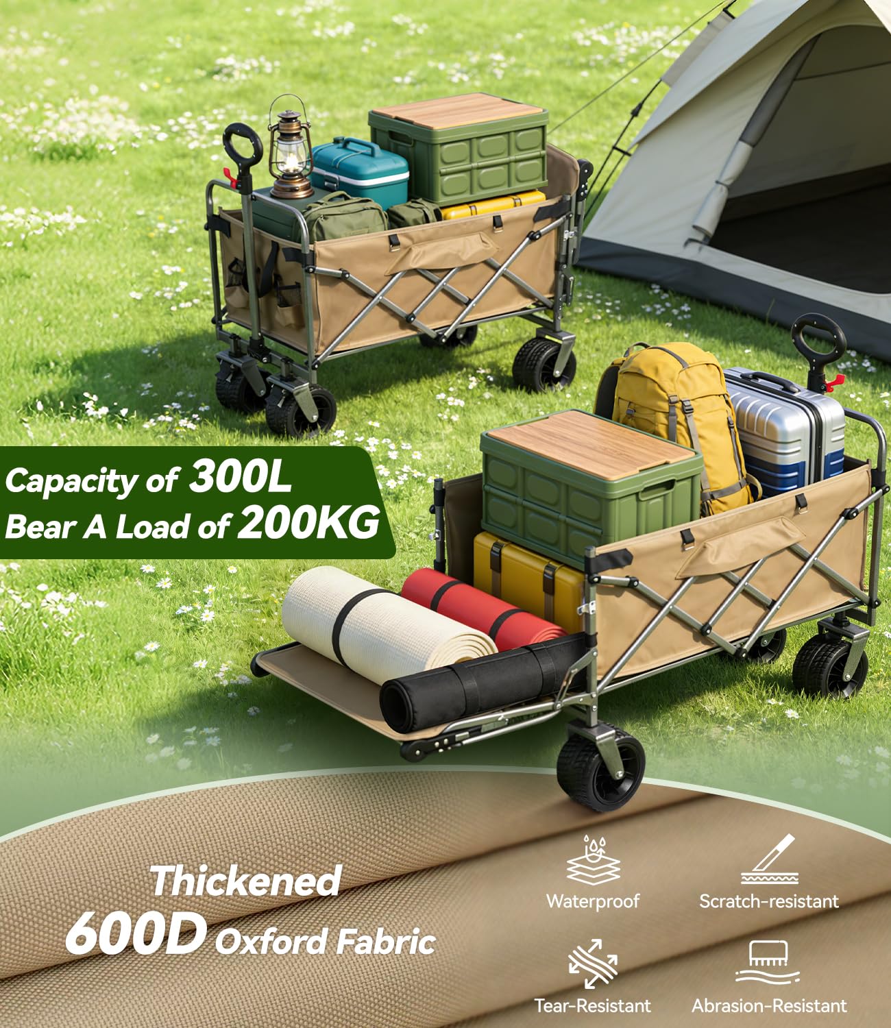 Carro Plegable de Transporte para Festivales con Ruedas Grandes, Capacidad de 200kg, Carro de 300L, Resistente Carrito de Camping con Mango Ajustable para Playa, Pesca, Jardín, Compras