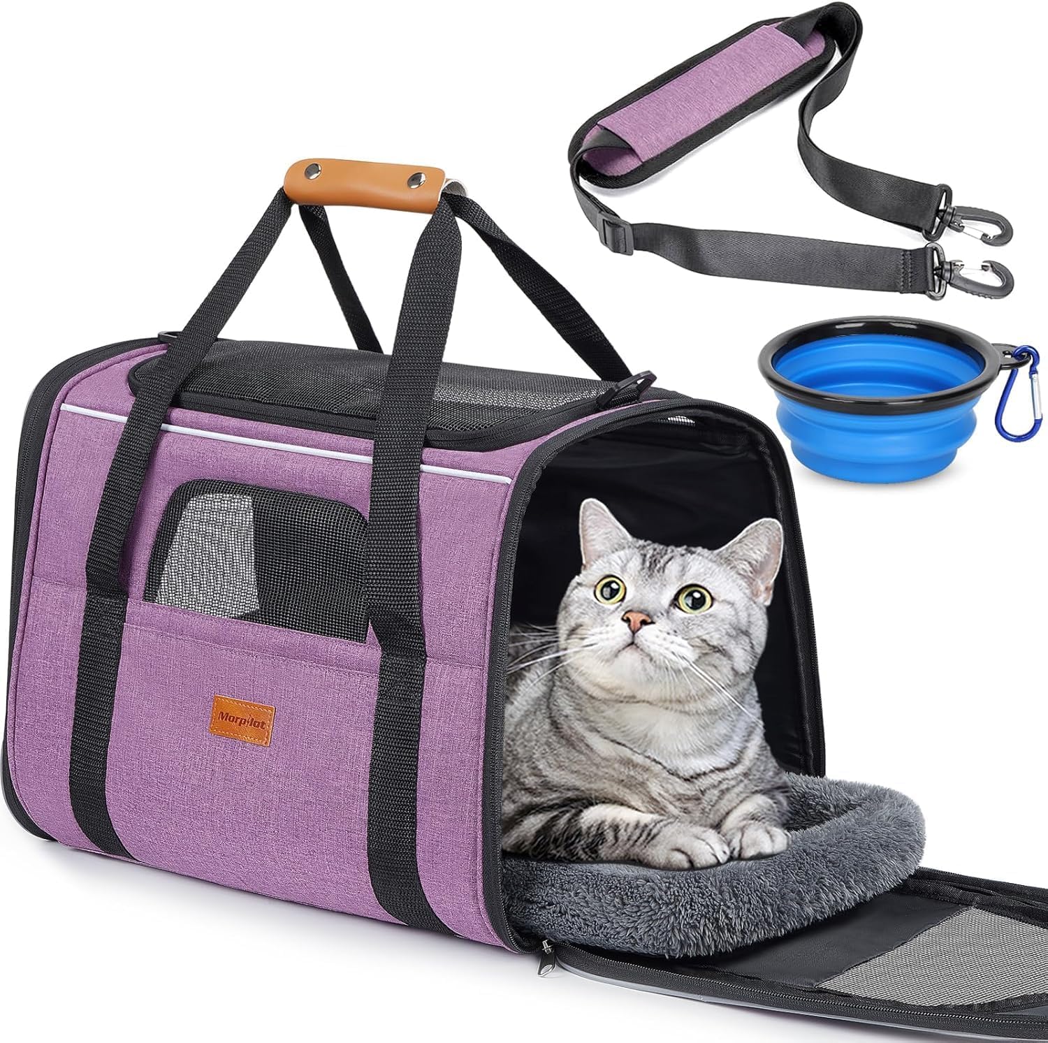 morpilot Transportín Perro Gato, Bolsa Transporte Transpirable para Mascotas, Portador de Viaje con Correa de Hombro Ajustable, Transporte de Gato con Colchón (Violeta Claro 44 x 31 x 34 cm) Global Recycled Standard Global Recycled Standard Certificado ClimatePartner Global Recycled Standard