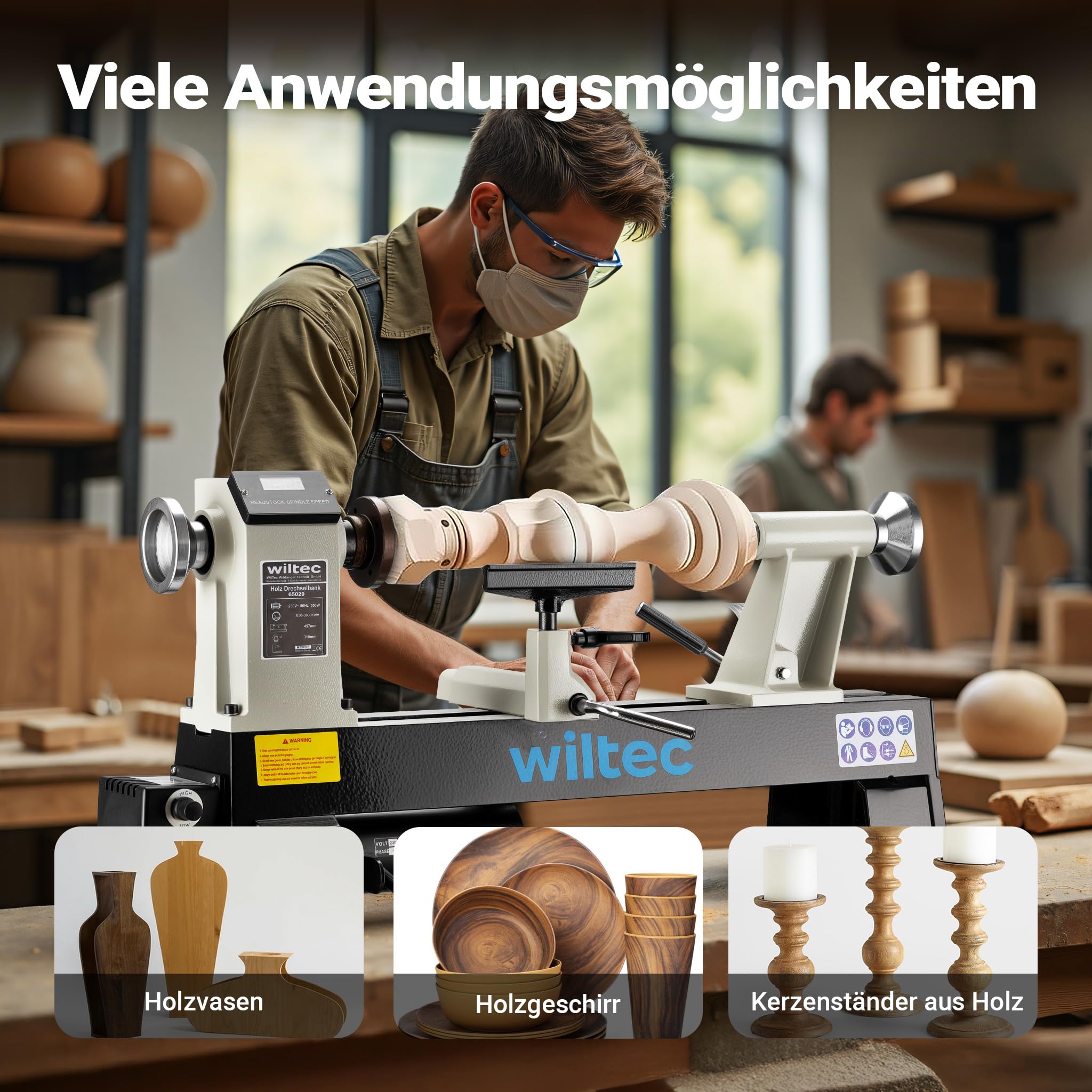 Wiltec Drechselbank 550 W mit variabler Drehzahl 650-3800 U/min, Drechselmaschine mit Planscheibe, Drehbank für Holz bis 457 mm Länge