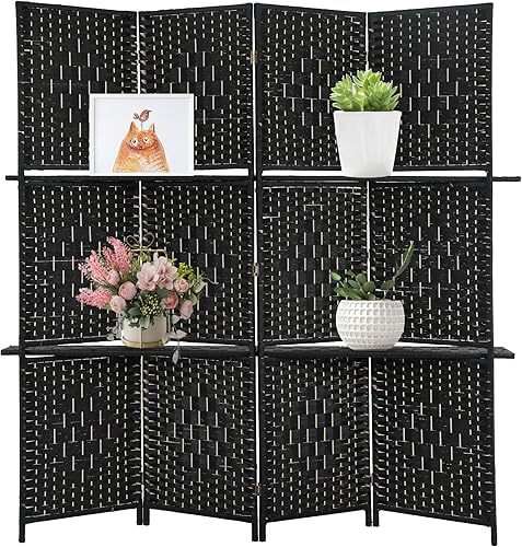 Divisor de habitaciĂłn de 4 paneles, pantalla de madera, plegable, portátil, con estantes de almacenamiento extraĂbles, color negro Divisor de habitaciĂłn de 4 paneles, pantalla de madera, plegable, portátil, con estantes de almacenamiento extraĂbles, color negro