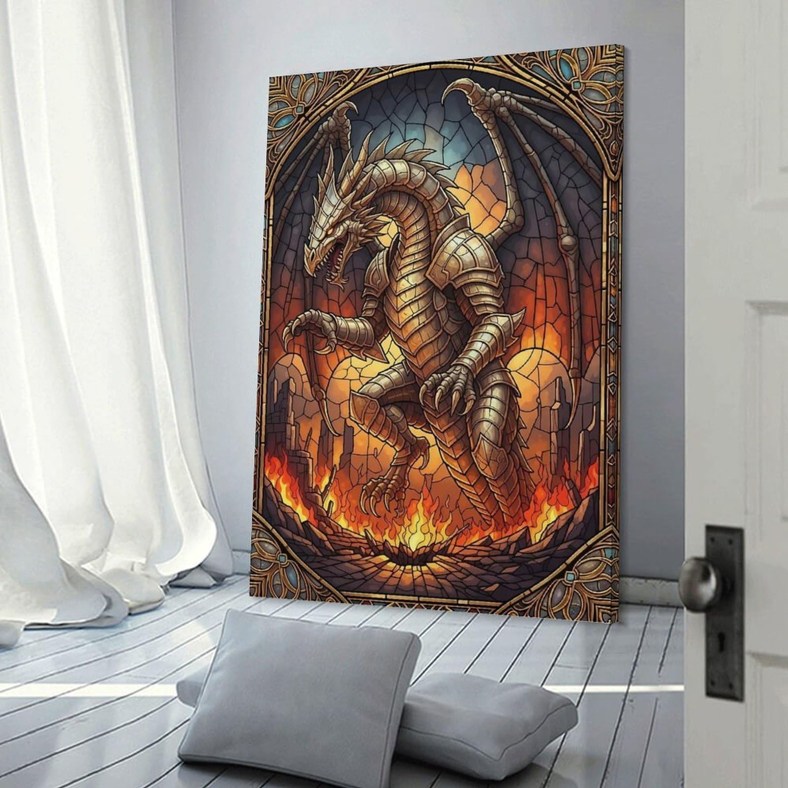Junmoney Armored Dragon Stained Glass Illustration Wall Picture Print 12x18inch(30x45cm), for Lounge Decor, Offices Or Entryway Styling, Versatile Wall Decor for Many Rooms