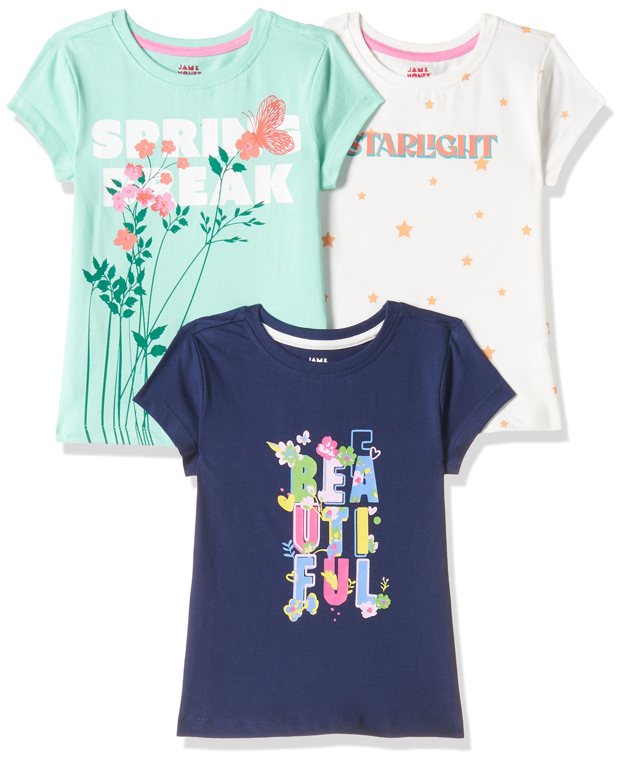 Amazon Brand - Jam & Honey Girl's ' Pack of 3 100% Soft & Pure Cotton Regular Fit T-Shirts That are Both Comfortable and Stylish