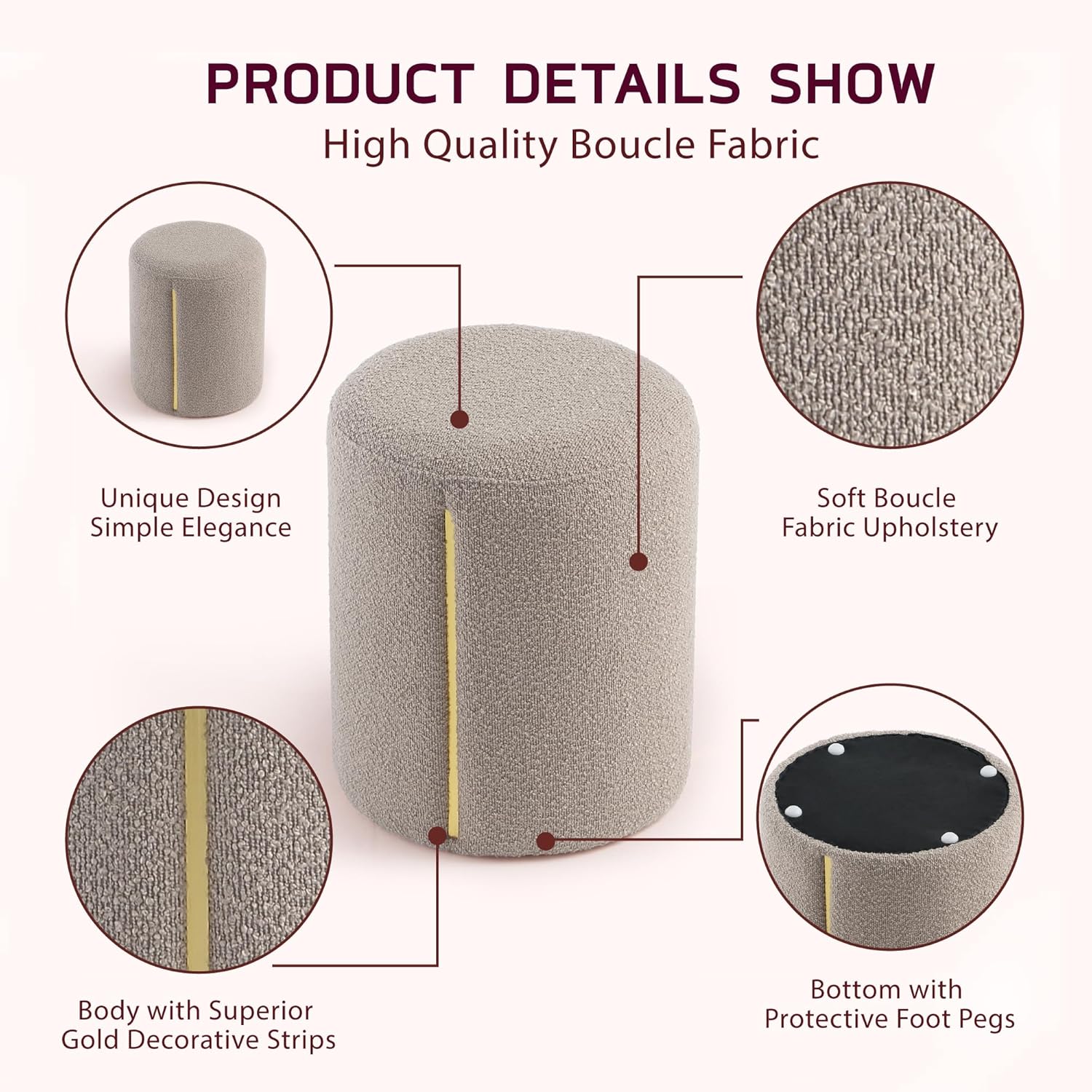 Get Set Style Modern Round Ottoman, Multifunctional Vanity Stool Chair, Boucle Ottoman Footrest Stool Footstool Extra Seating for Living Room, Bedroom, Makeup Room, Entryway, Office (Taupe)