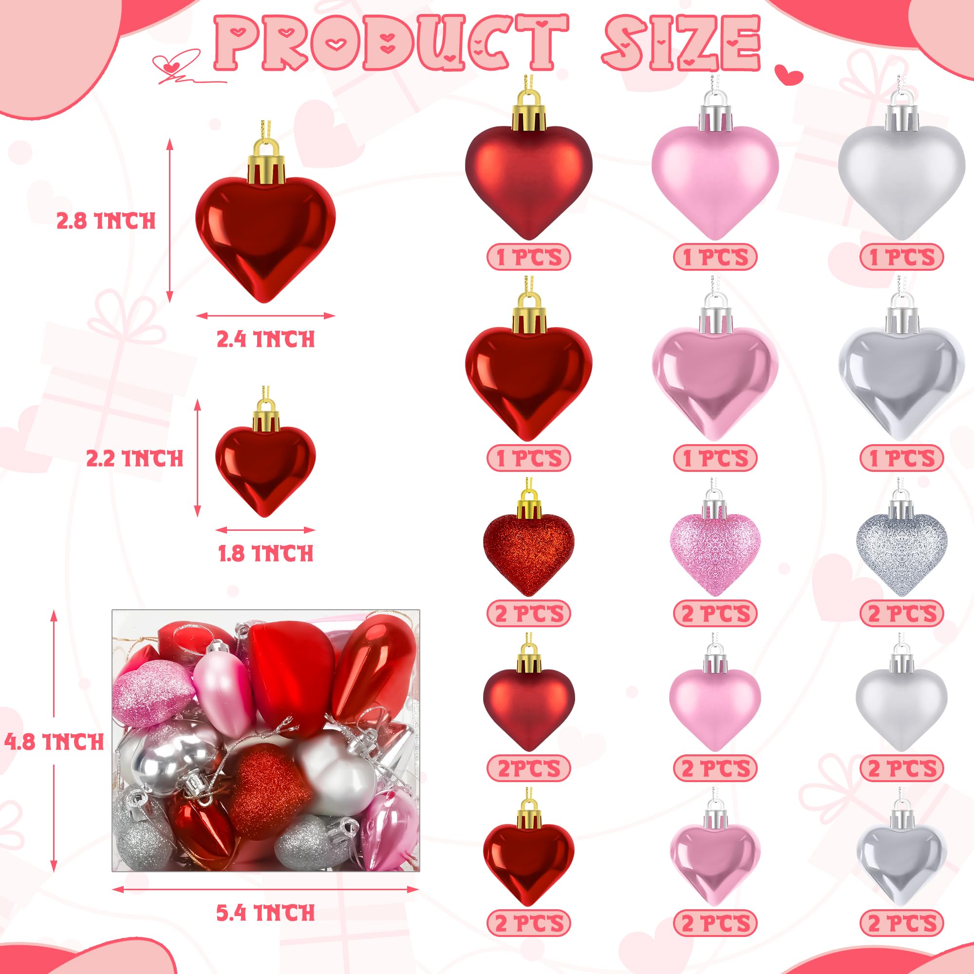 Melisheer 24pcs Valentines Day Heart Ornaments, Classic Red Pink Silver Shaped Hanging Baubles with 2 Sizes, Valentine's Decorations for Tree, Love Decor Outdoor Wedding Party Gift