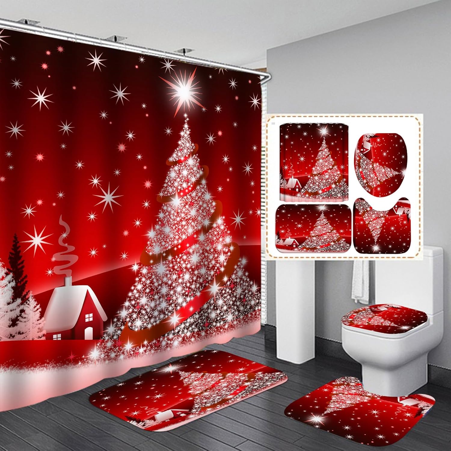 4Pcs Christmas Bathroom Sets with Shower Curtain, Rugs, Toilet Lid Cover and Bath Mat, Christmas Tree Santa Claus Snowman Gnome Chritsmas Shower Curtain with 12 Hooks for Bathroom Decor (Set H)