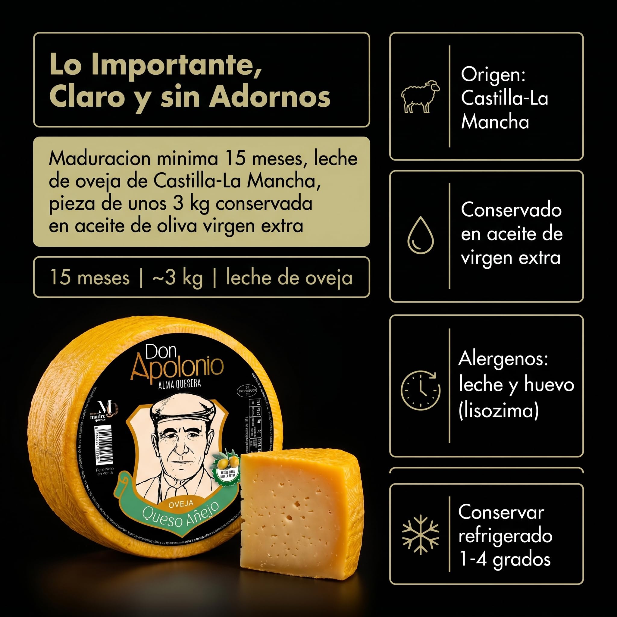 SABE A SABAS Queso de Oveja Curado Anejo Reserva 3 Kg Maduracion 15 Meses en Aceite de Oliva Virgen Extra