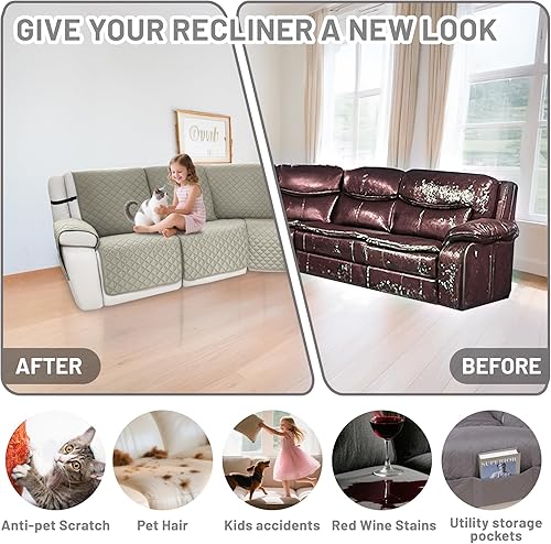 Miniatura 6 de Fundas impermeables para sofá reclinable seccional en forma de L, 7 piezas, antideslizantes, lavables, juego de fundas reclinables para mascotas y