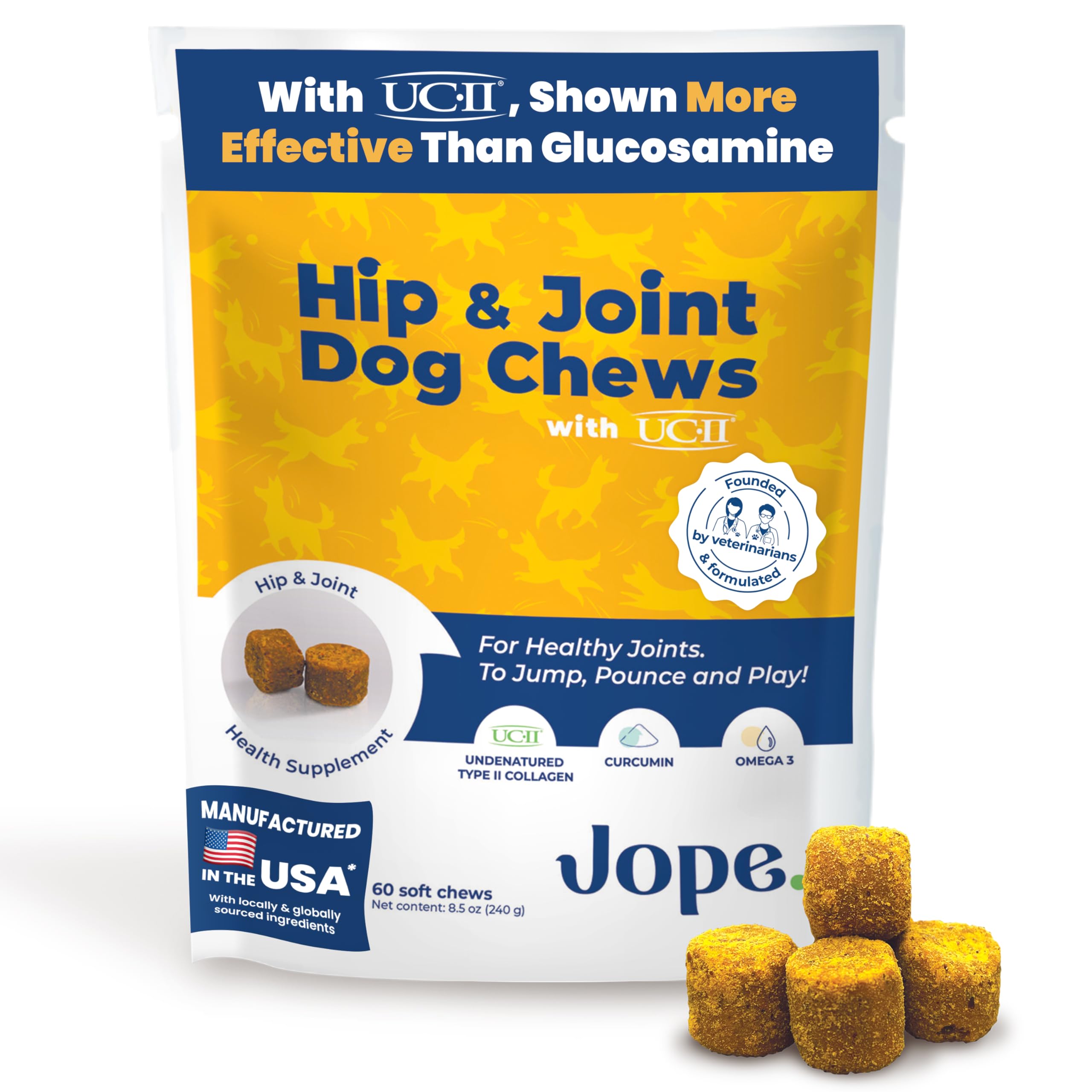 Jope Hip & Joint Supplement for Dogs Large, Medium, Small - Joint Chews w/UC-II&reg; Collagen - Proven Better Than Glucosamine Chondroitin in Canine Health - Veterinarian Formulated, Omega 3 & Curcumin