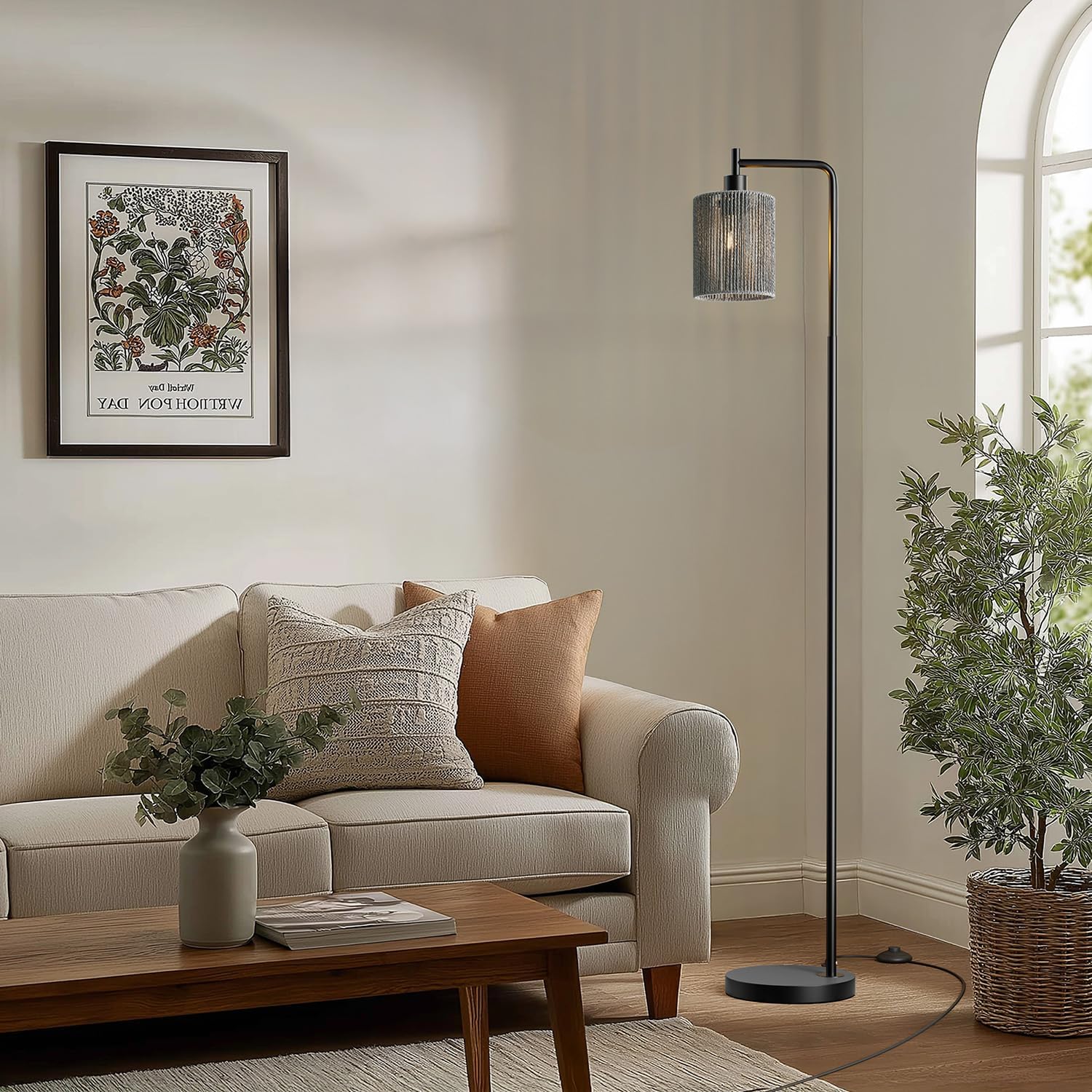 Oneach 66" Black Floor Lamp for Living Room, Boho Floor Lamp with LED Bulb, Foot Switch, Gray Rattan Shade, Industrial Tall Farmhouse Standing Lamp for Bedroom, Dining Room, Study Room, Office