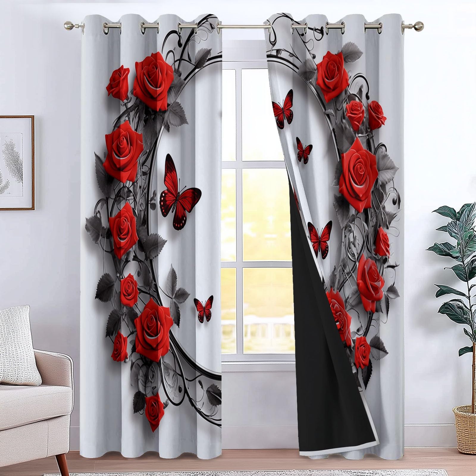 Rideaux opaques thermiques roses à papillons blancs pour chambre (140x175 cm, lot de 2)