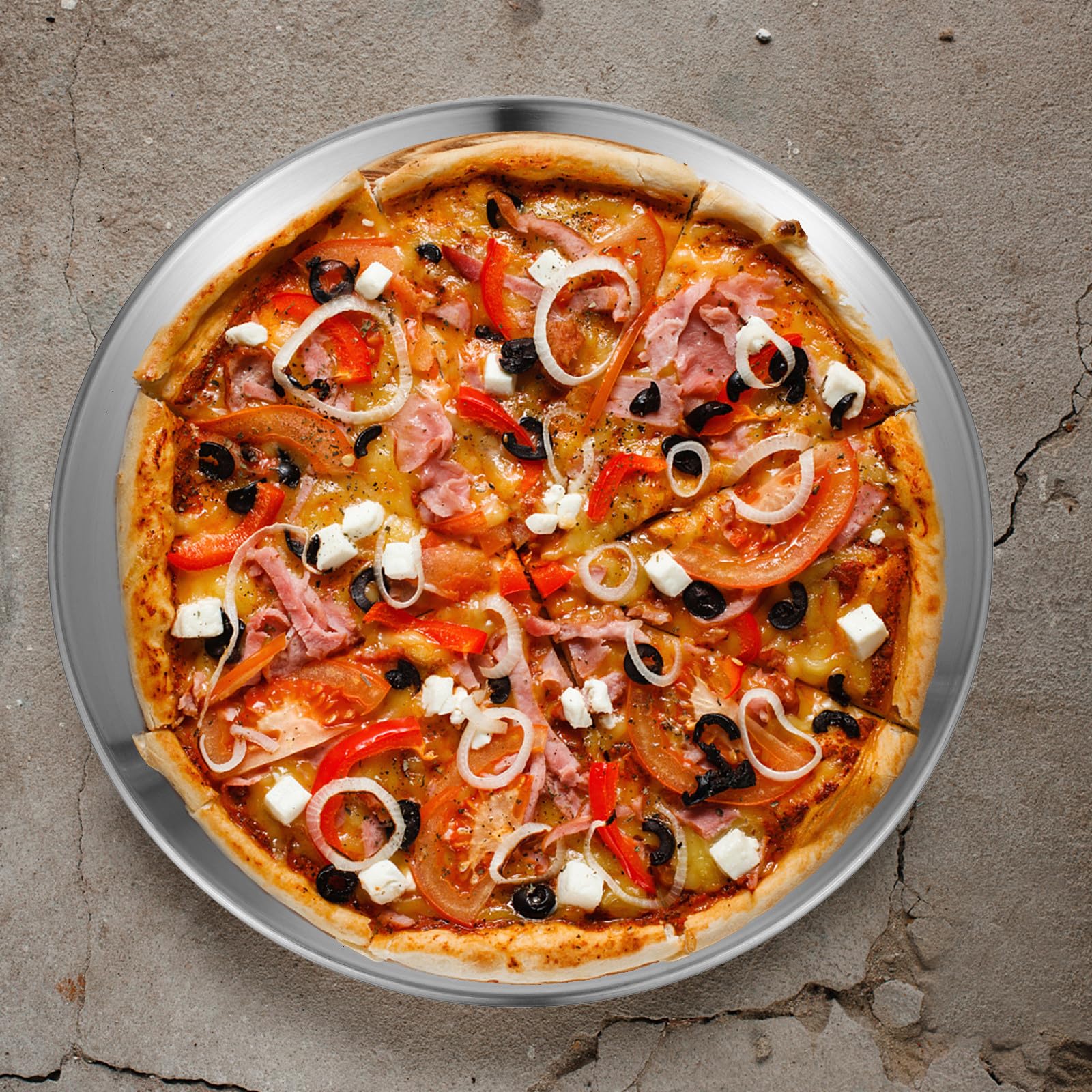 6 Stück Pizzablech aus Edelstahl mit Antihaftfunktion und Rundem Format | Pizzagerichte und Servieren von Salat, Komfortabler Griff, Glatte Rollkante, für Restaurants