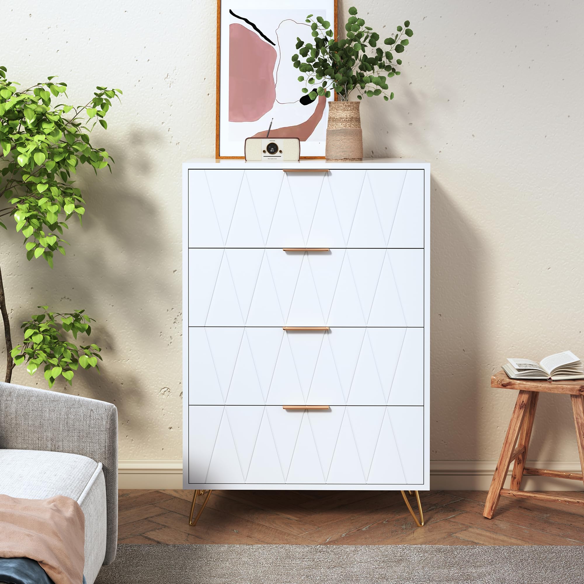 Commode 4 Tiroirs 60cm, Commode pour Chambre à Coucher, Enfant, Salon ou Couloir, Moderne Tiroirs Meuble de Rangement, 60x34x90 cm, Blanc