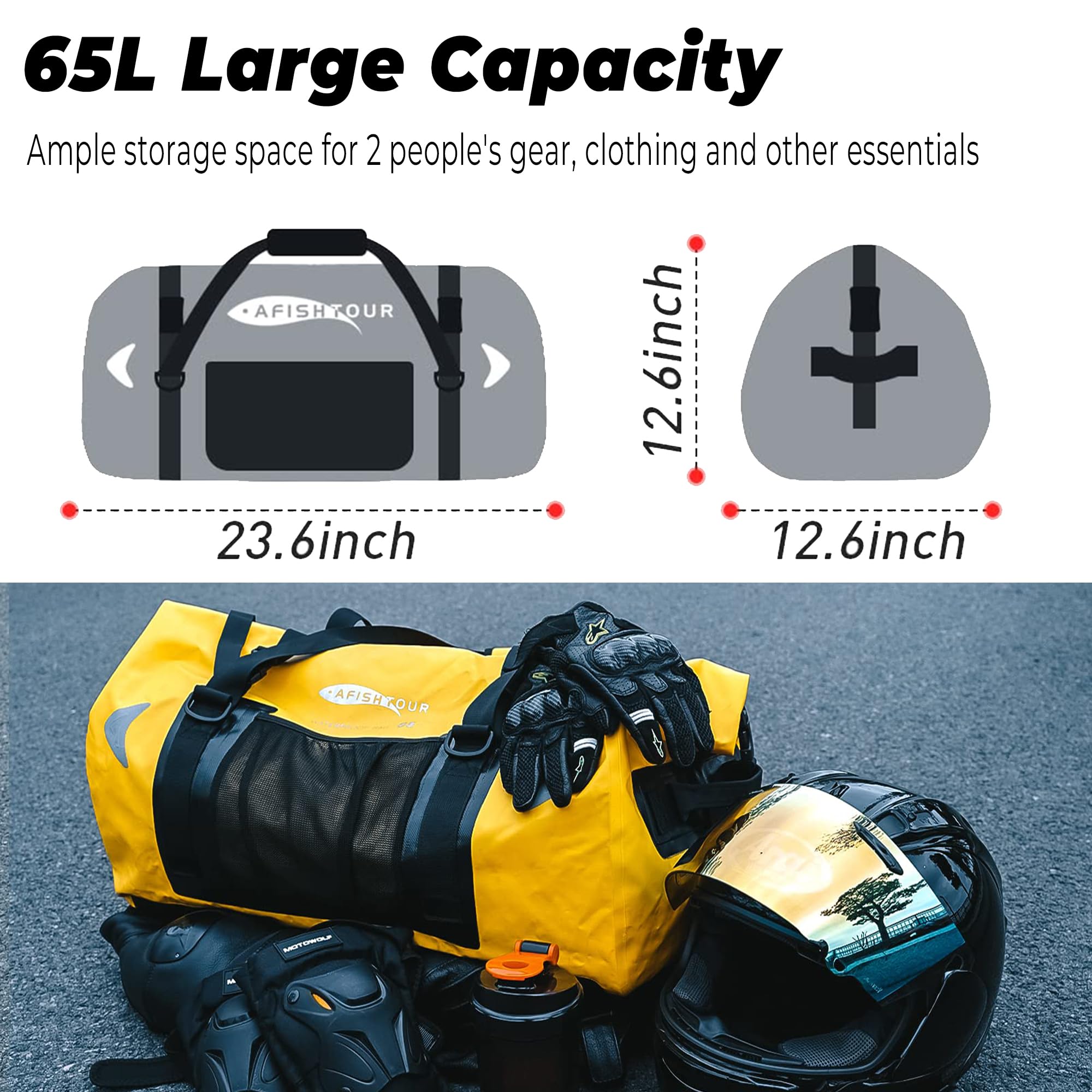 65L wasserdichte Duffelbag für Damen und Herren – Große Motorrad-Reisetasche mit Gurten für den Rücksitz – Rollverschluss-Drybag für Kajak, Rafting, Bootfahren, Schwimmen, Strand (Gelb)