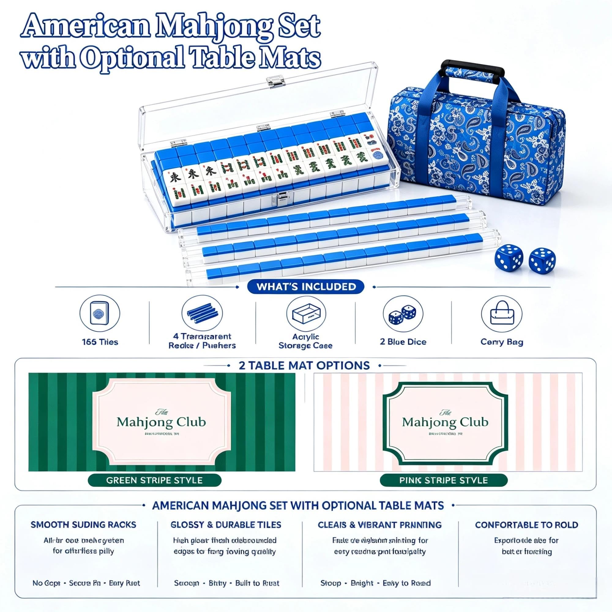 Komplettes amerikanisches Mahjong‑Set, 166‑teilig mit Zubehör | Amerikanisches Mahjong‑Set,166 Melamin‑Steine,Acryl‑Gestelle,Koffer,Tasche,optionale Matte für Familienspiele