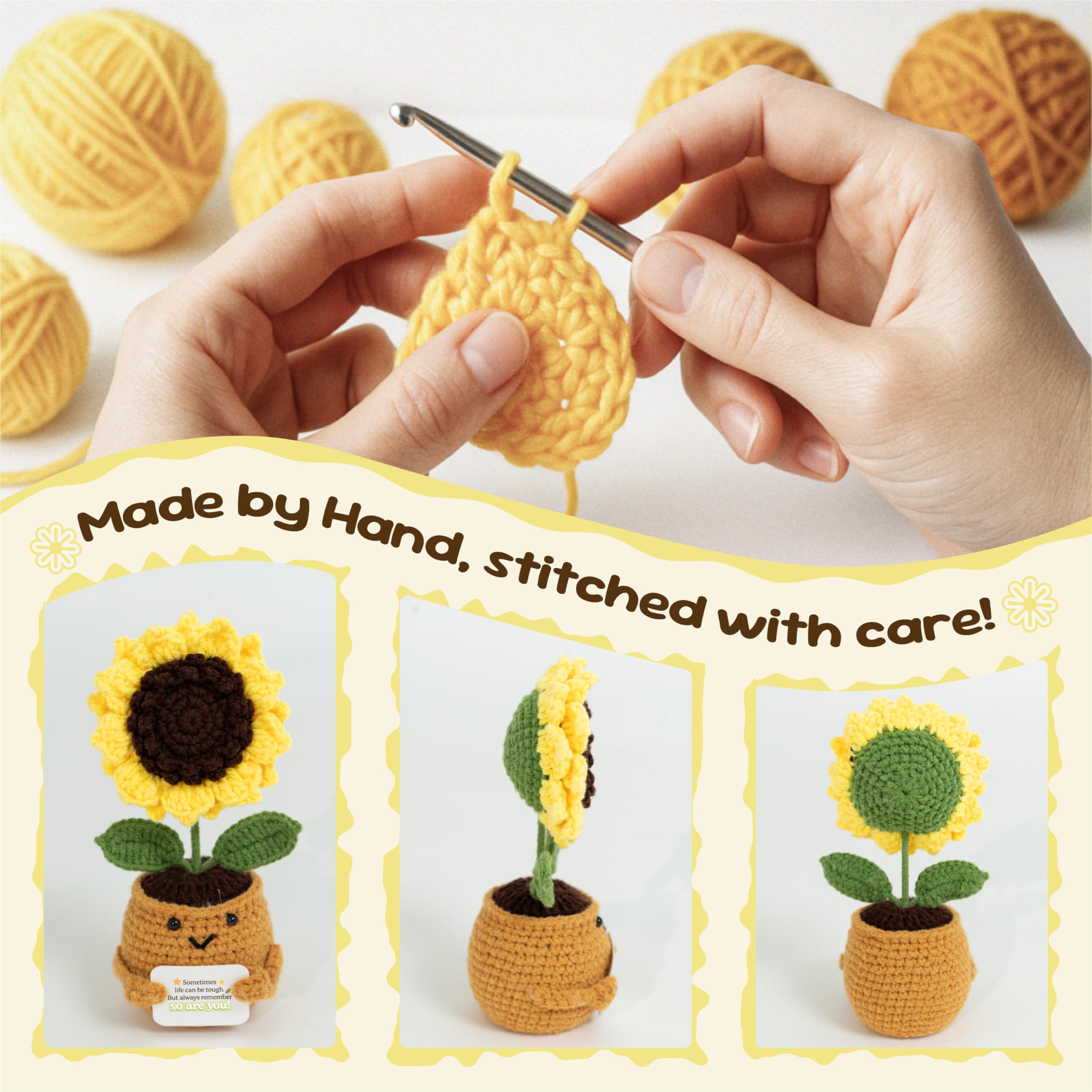 Emotional Support - Bambola di girasole all'uncinetto, fatta a mano, regalo di resilienza per donne, adolescenti, amici, vaso di fiori con affermazione positiva per incoraggiamento e forza