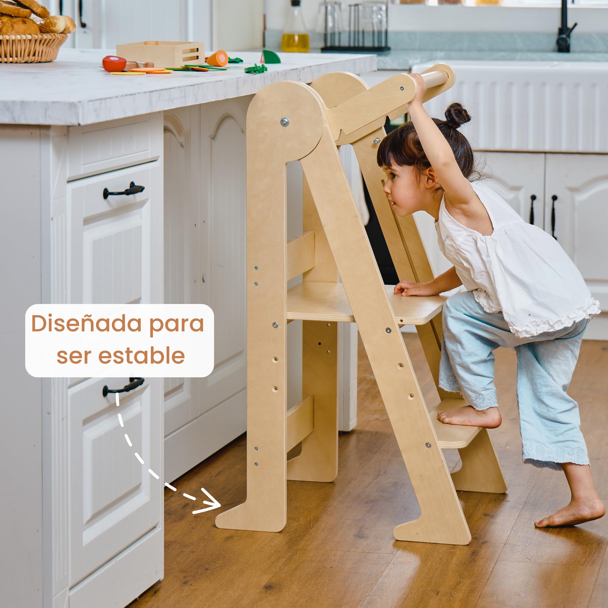 Torre de observación Montessori plegable compacta y ligera – Madera de abedul resistente a 80 kg – 3 alturas ajustables – Certificado CE y seguridad anti-Basculamento – Autonomía y movilidad – a