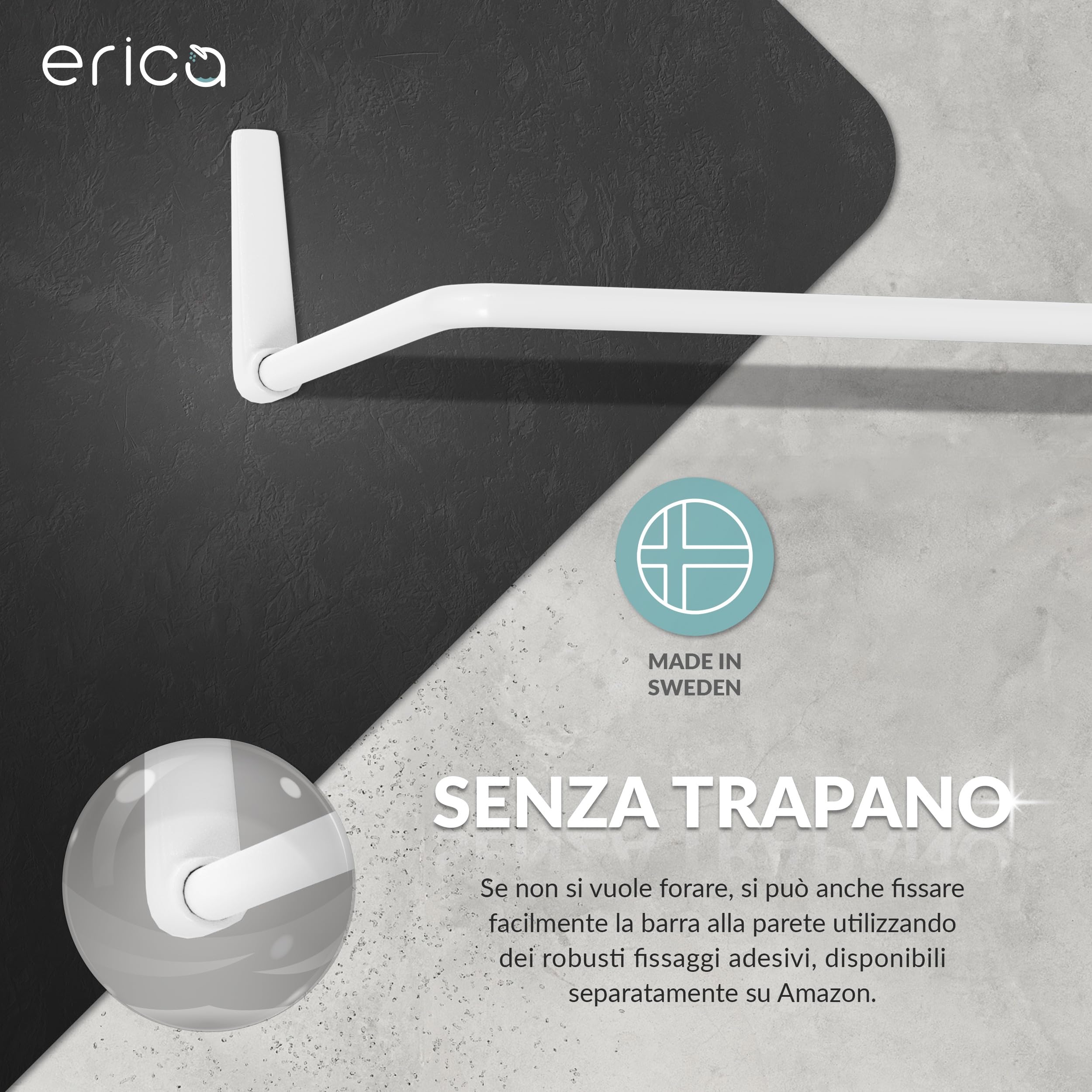 Erica Asta Tenda Doccia 12 Combinazioni, Bastone per Tenda Doccia Angolare e a U, Tubo Tenda Doccia, Supporto Tenda Doccia con Supporto Soffitto, Rivestimento in Plastica Senza PVC, 100% acciaio inox
