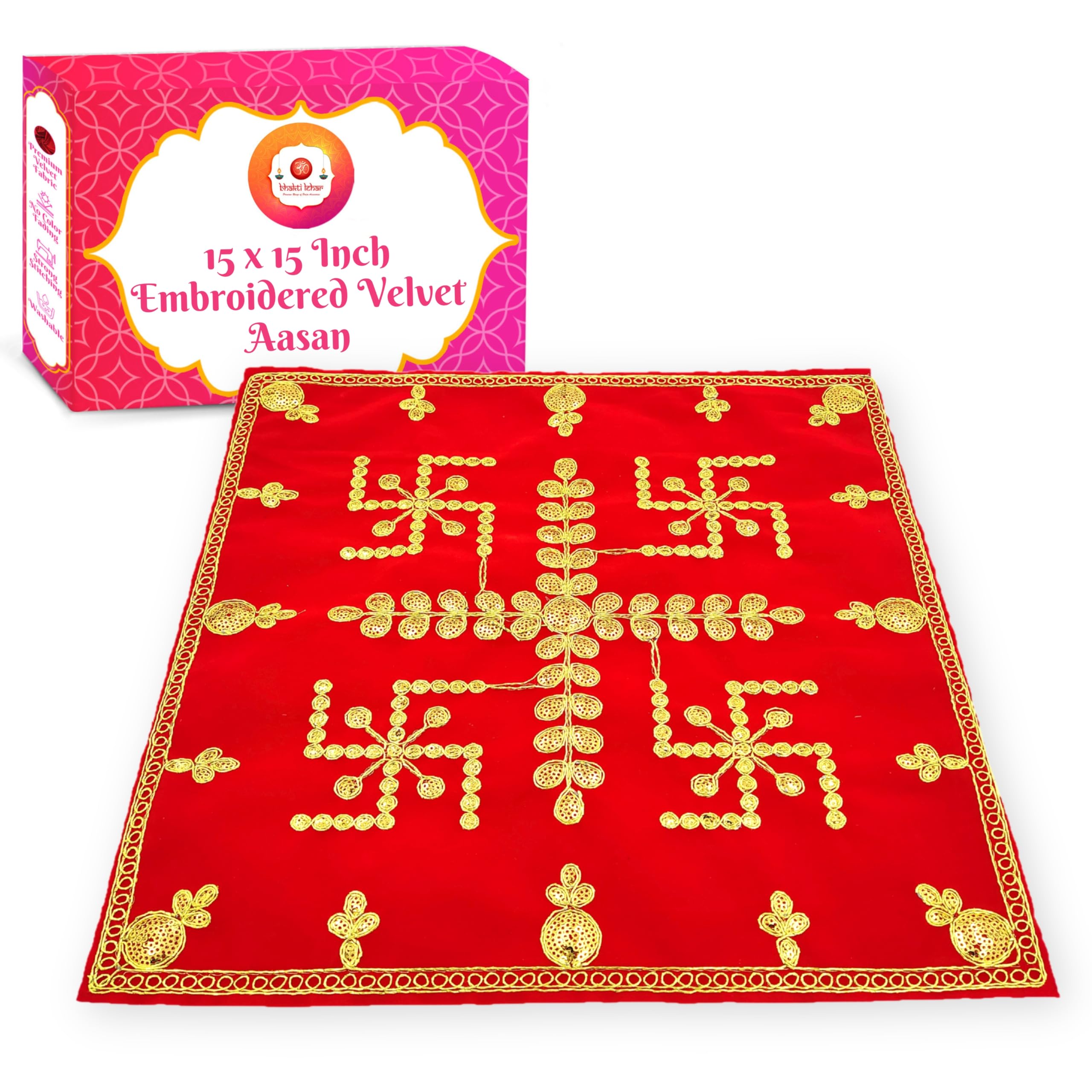 BHAKTI LEHAR - Premium Range Of Pooja Accessories (15x15 Inch) Swastik Design Red Velvet Pooja Aasan Cloth/Kapda/Embroidered Puja Chowki Cloth for Home Mandir, Temple, God & Goddess Assan-Pack of 1