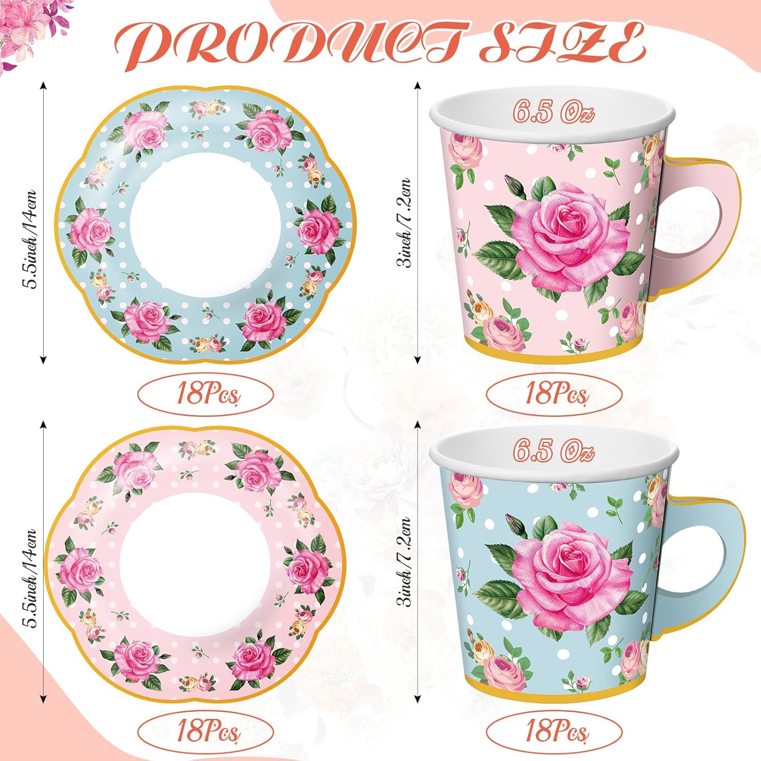 Umigy 36 Sets Mother's Day Tea Party Decorations 6.5 oz Floral Paper Teacups & Saucer Set for Girls Women Tea Parties Mothers Day Bridal Shower Wedding Birthday Party Decorations(Blue Pink)