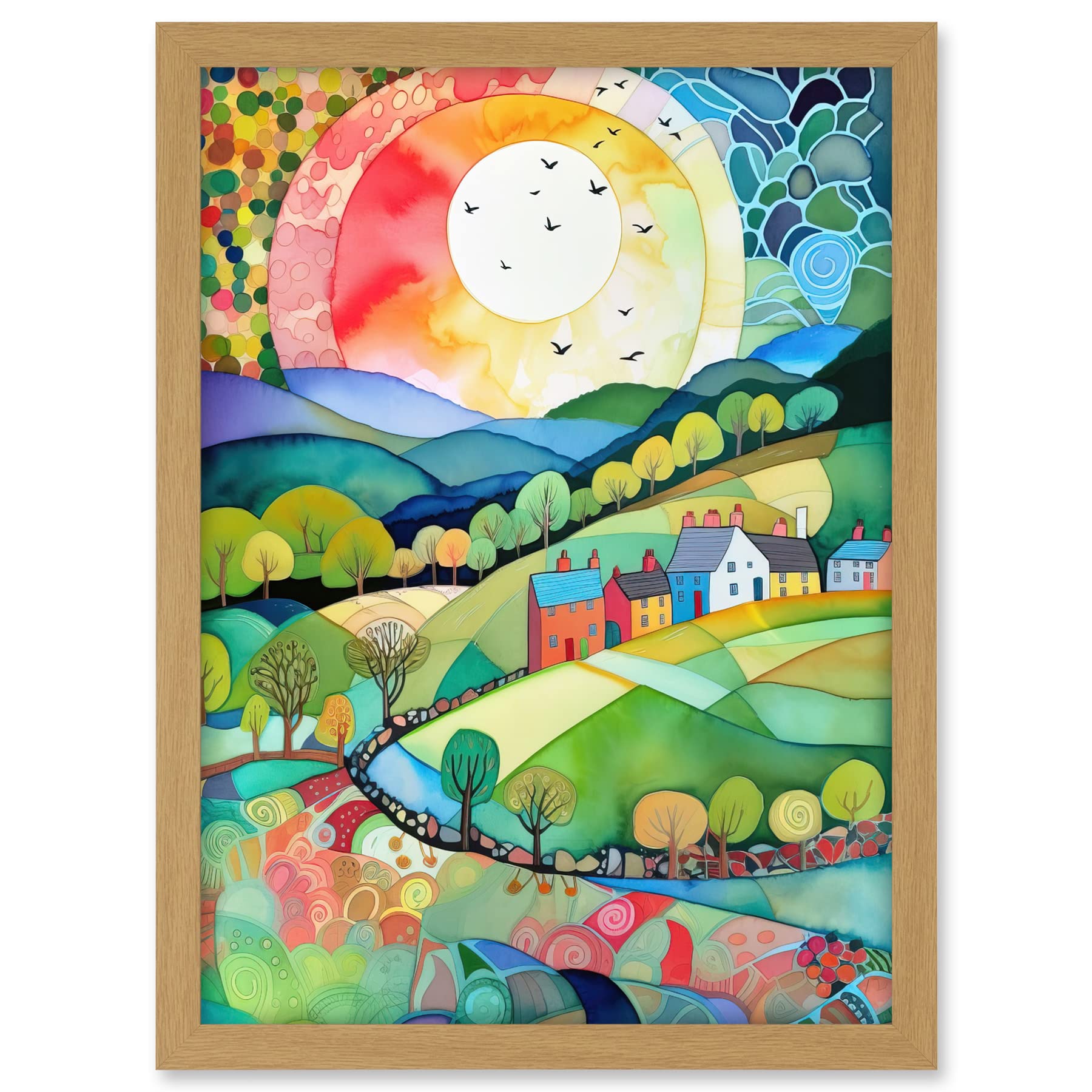 Artery8 Rural Landscape English Countryside Sunrise Folk Art Watercolour Painting Artwork Framed A3 Wall Art Print