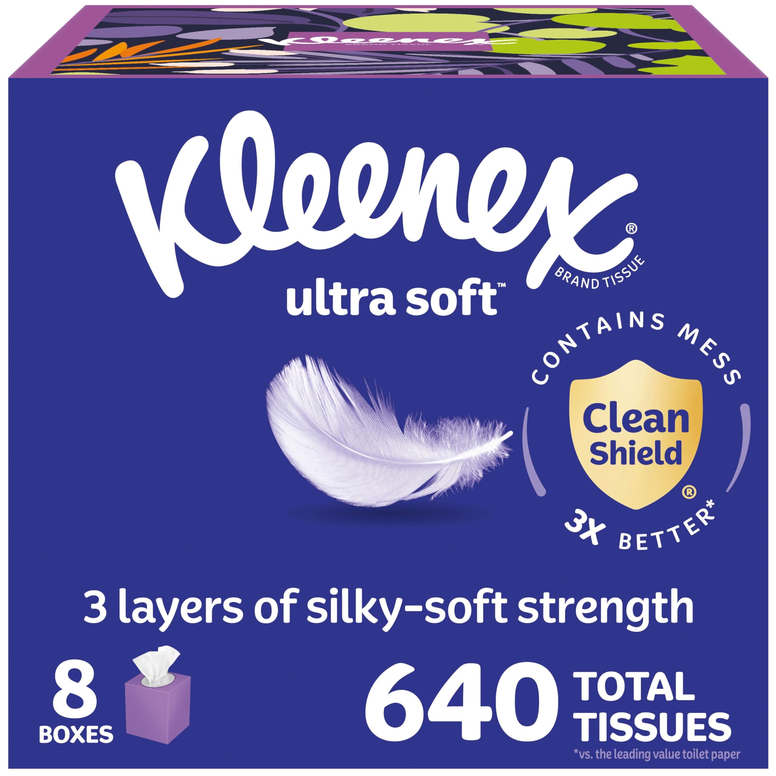 Kleenex Ultra Soft Facial Tissues, 8 Cube Boxes, 80 Tissues per Box, 3-Ply, Packaging May Vary