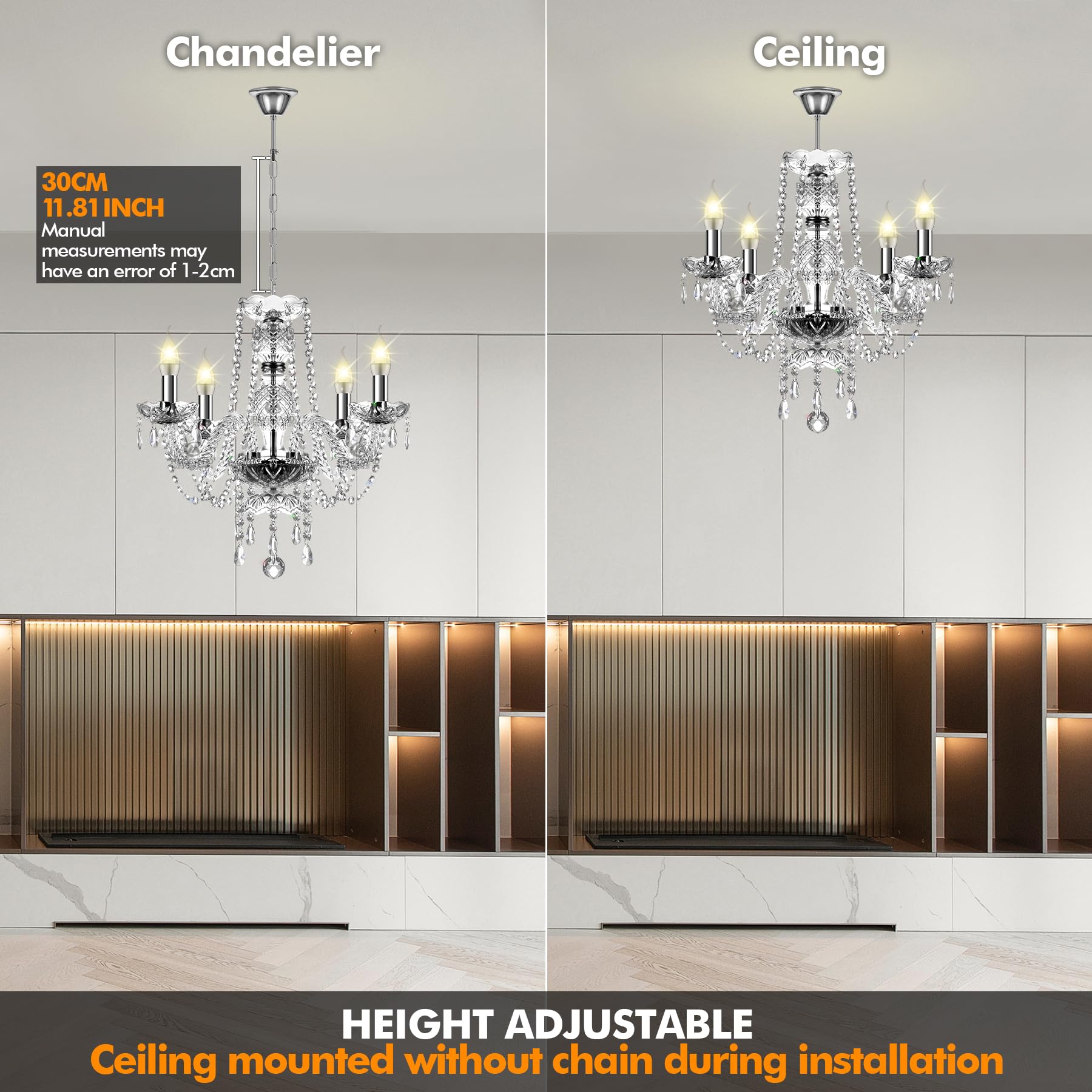 Ridgeyard Moderna salón araña de cristal, araña de techo de 4 luces E14 de transparente cristal K5 con cadena ajustable para dormitorio, salón, comedor, hotel