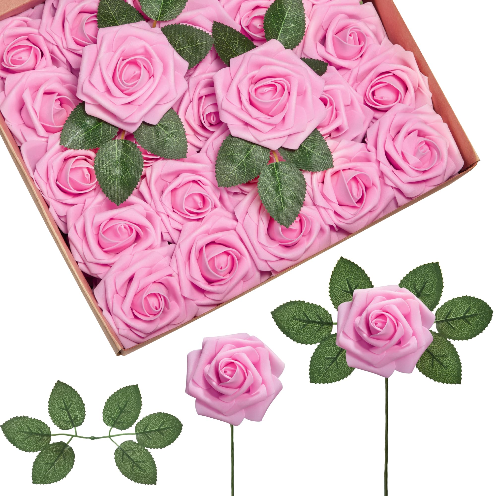 InnoGear Artificial Flowers, 50 Pcs Pink Foam Fake Roses Bulk with Stems