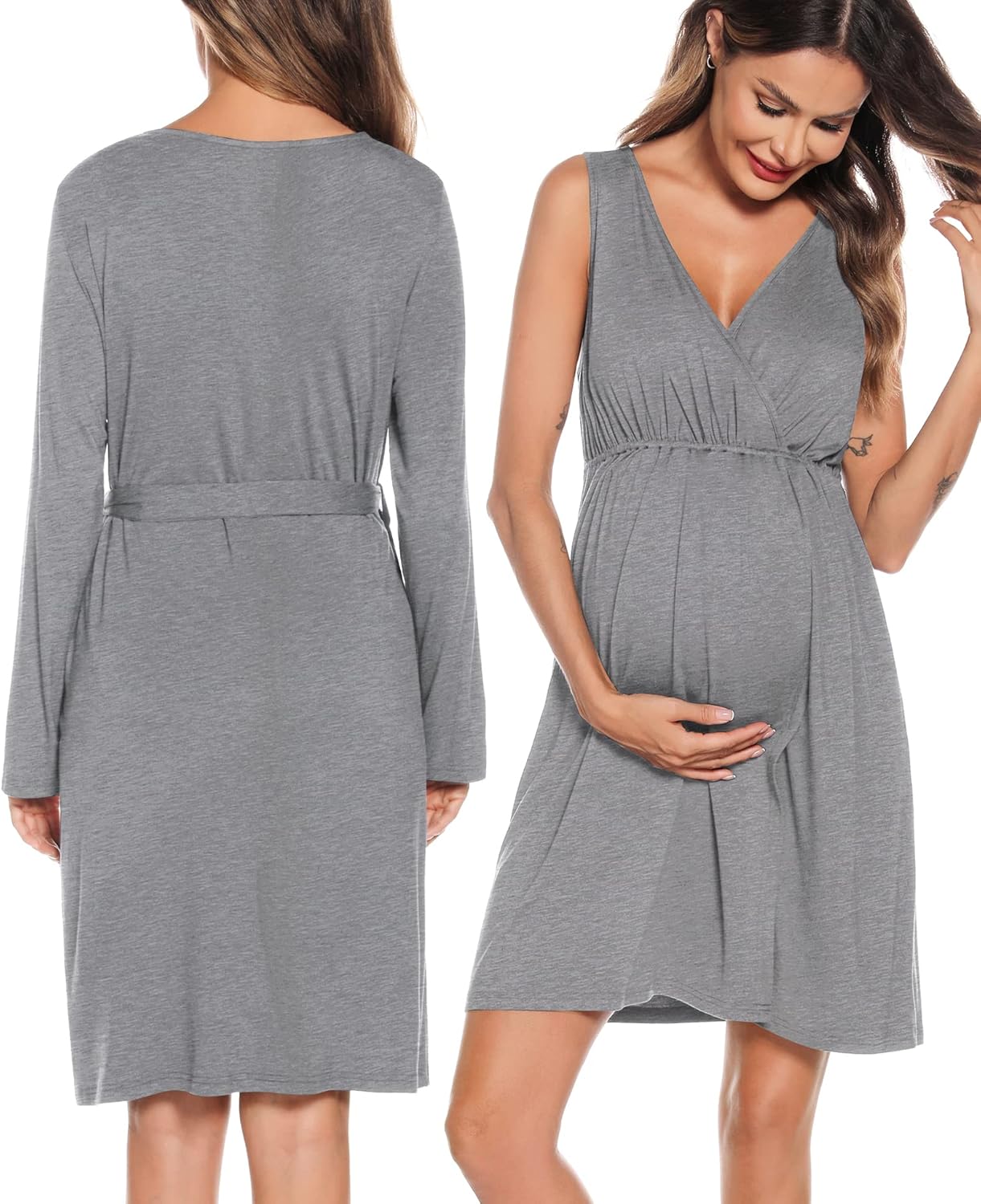 SWOMOG Women Maternity Nursing Gown and Robe Set 3 in 1 Labor Delivery Nursing Nightgown for Breastfeeding Hospital Bathrobe - Image 3