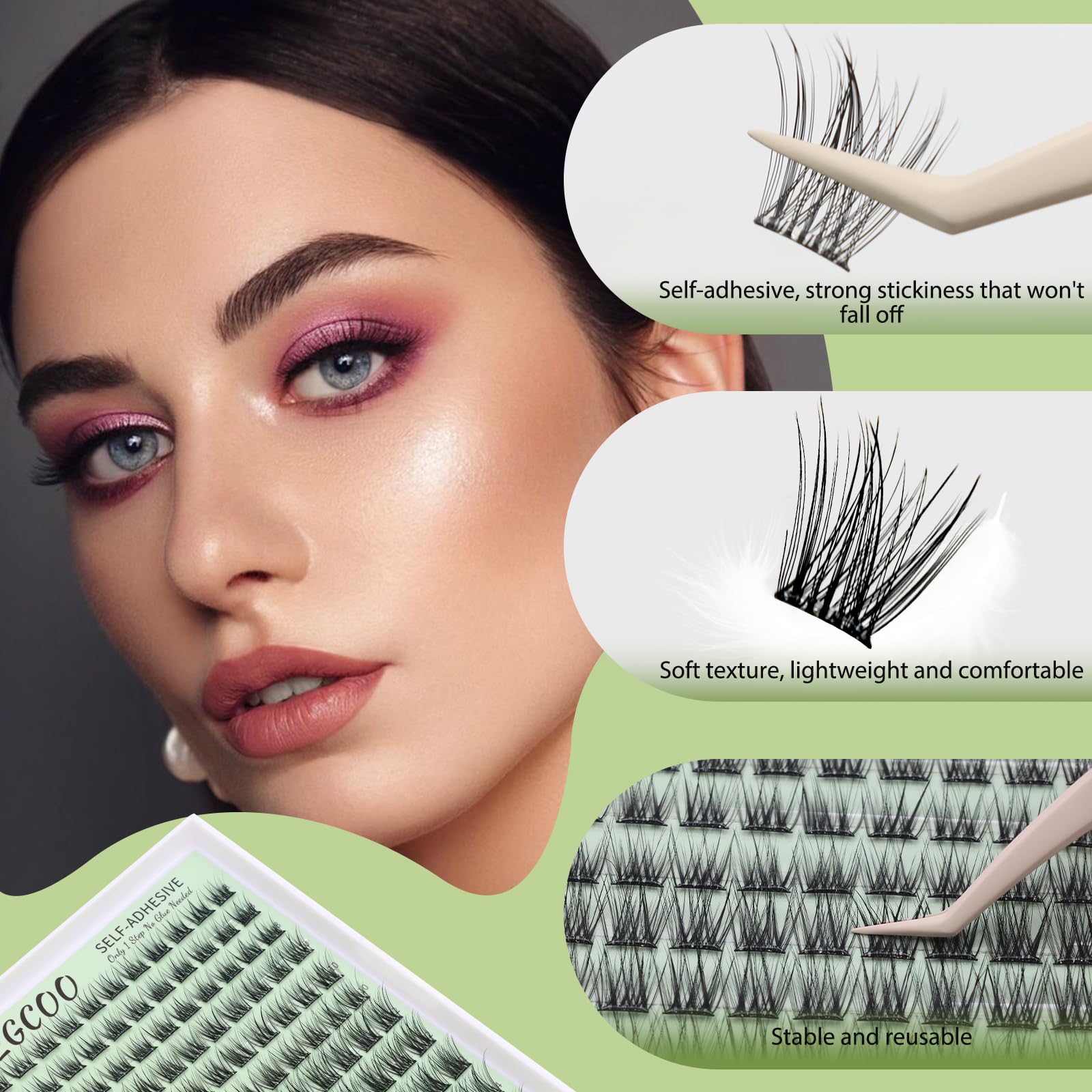 VEGCOO Ciglia Autoadesive, Ciglia Finte Ciuffetti Naturali Pre Glue Cluster Lashes, Kit Extension Ciglia C Curl Mix 8-14 MM con Pinzette Adatto ai Principianti