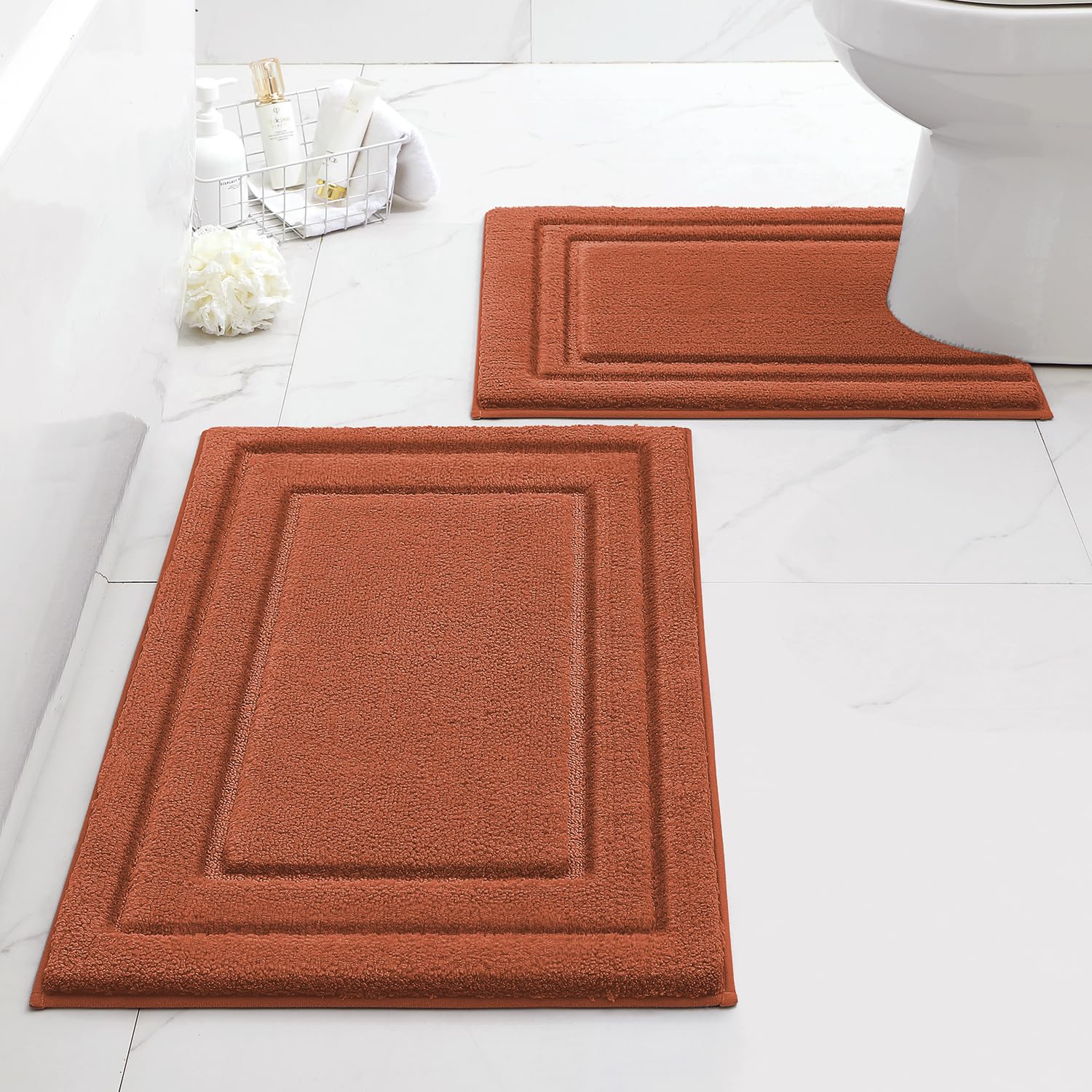 HOMEIDEAS Bathroom Rugs Sets 2 Piece, Super Soft and Absorbent Non Slip Microfiber U-Shaped Toilet Bath Mat Set (20"x32"+U20 x24, Burnt Orange)